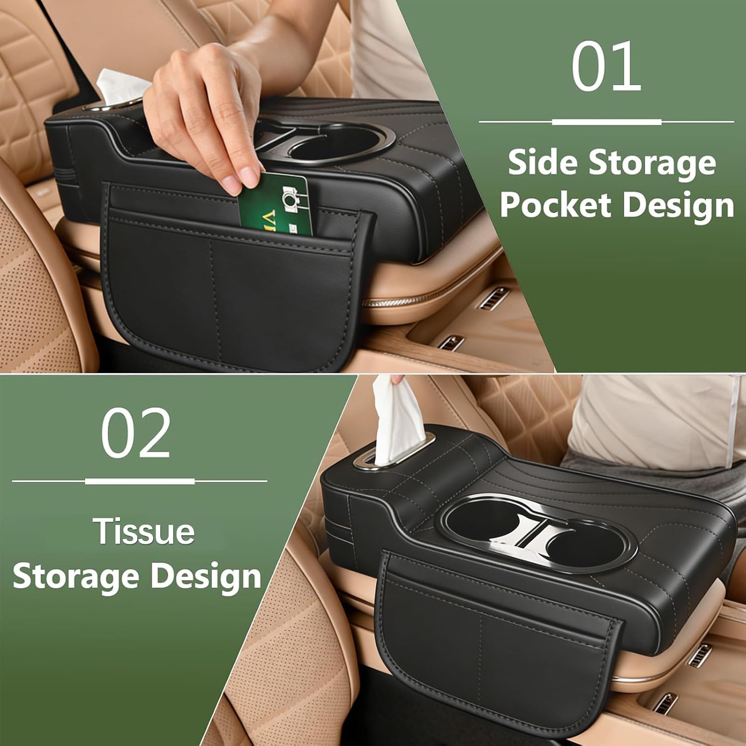Upgrade Multifunctional Car Armrest Cushion,Center Console Cover with 2 Cup Holder,Arm Rest Cover for Car,Car Armrest Storage Box, Car Accessories Center Console Organizers for Most Cars
