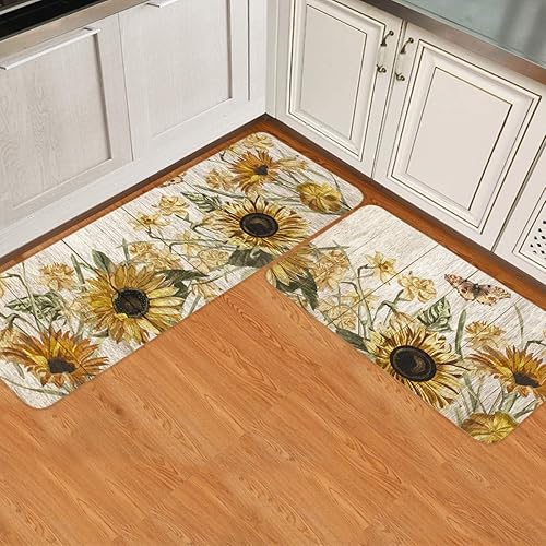 2 tapetes de cocina acolchados antifatiga con girasol, impermeables, antideslizantes, lavables, para interiores y exteriores, girasol en tablero de