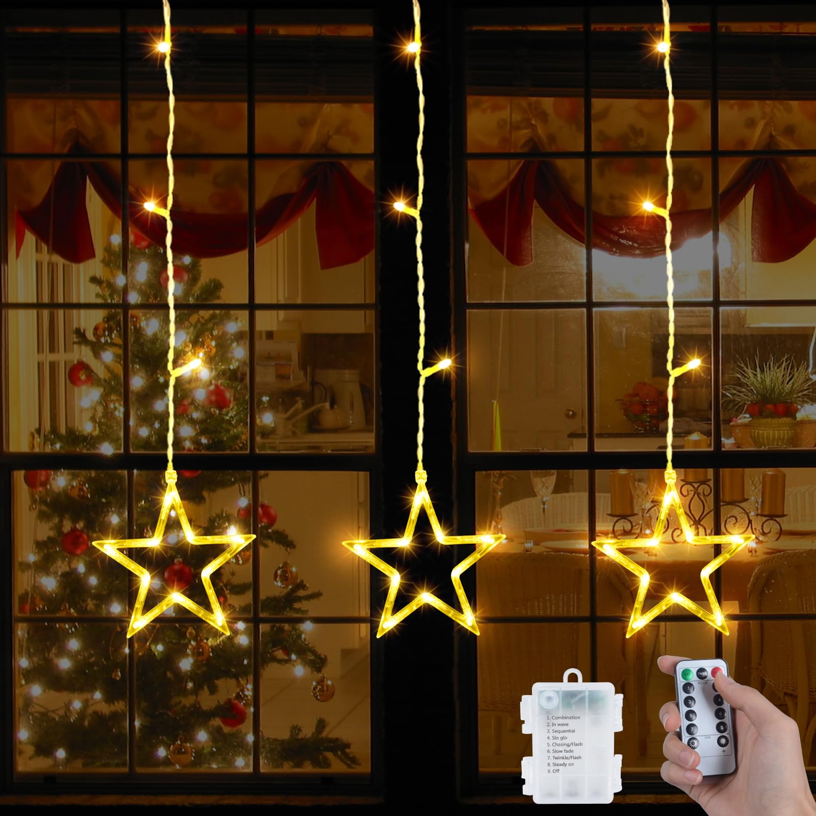 Qoosea Cortina de Luces Estrellas 39LED 8 Modos Guirnalda Luces de Navidad Luces de Cortina Funciona con Pilas Luces Cadena de Ventana Interior Impermeable para Decoración de Navidad Ventana Boda