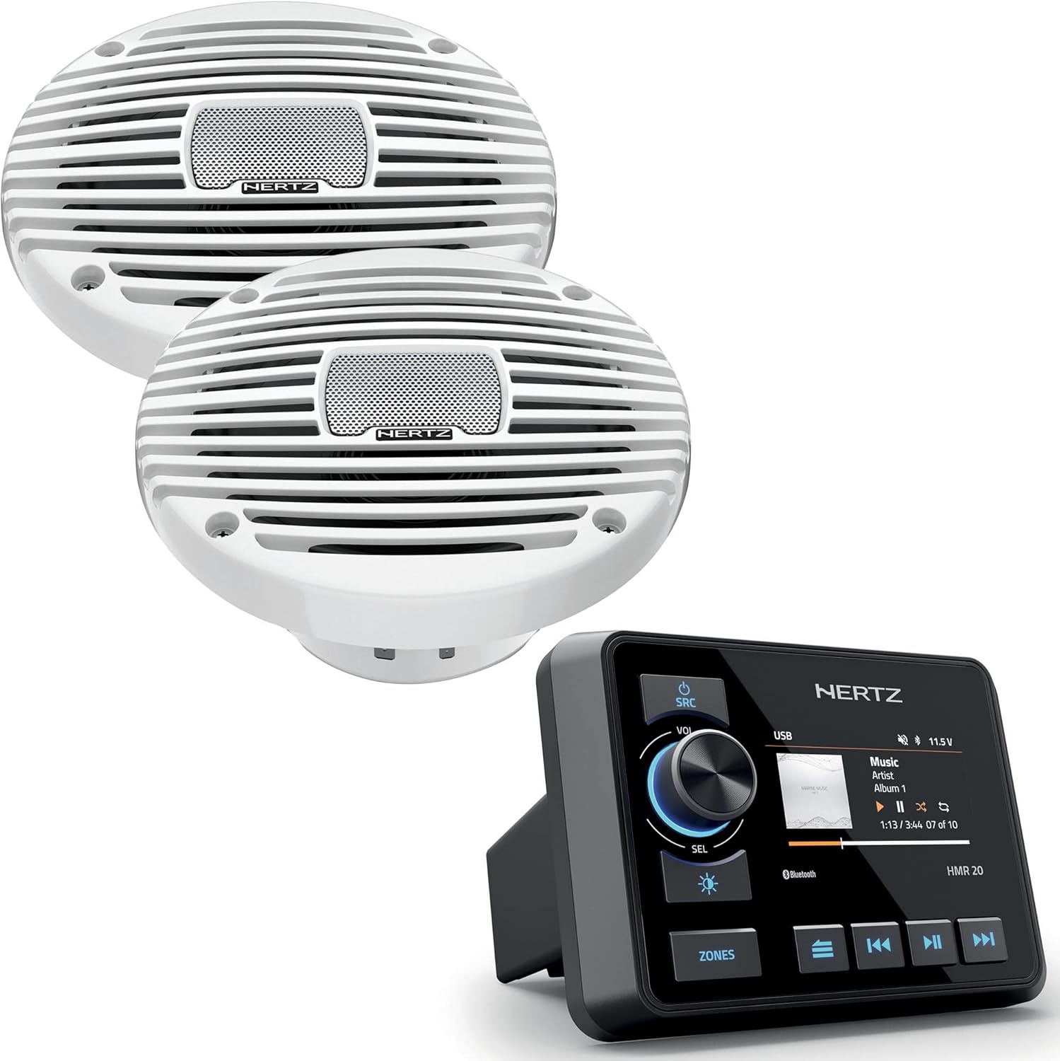Hertz HMR 20 Marine Digital Media Receiver with 1 Pair HEX Series HEX-65-M-TW 6.5" 4-Ohm Marine Coax Set - White