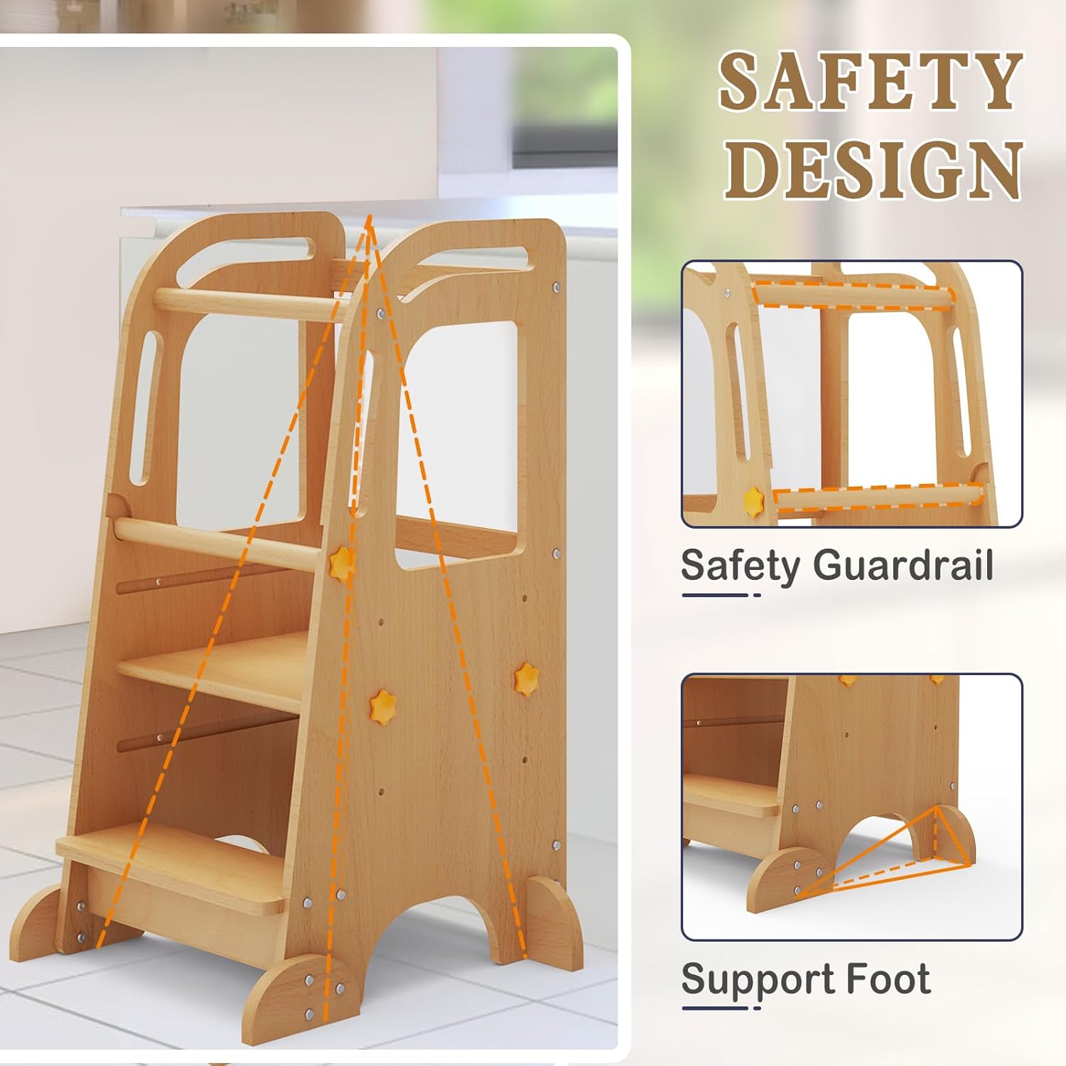 Toddler Tower with Chalkboard, Toddler Kitchen Stool Helper with Support Feet, Wooden Kids Kitchen Step Stool, Step Stool for Toddlers with Anti-Slip Protection Design (Natural) Nature