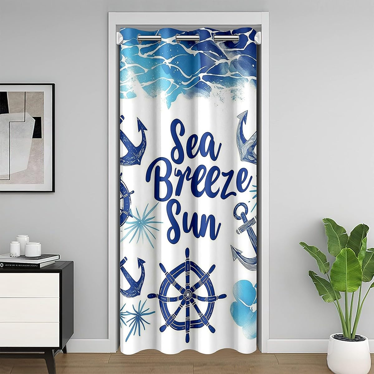 Homemissing Anchor Decor Doorway Curtain Privacy 1 Panel, 106x203cm Nautical Themed Comforter Cover Set Ocean Door Cover Curtain Washable Sea Adventure Window Treatments Room Decor Blue White