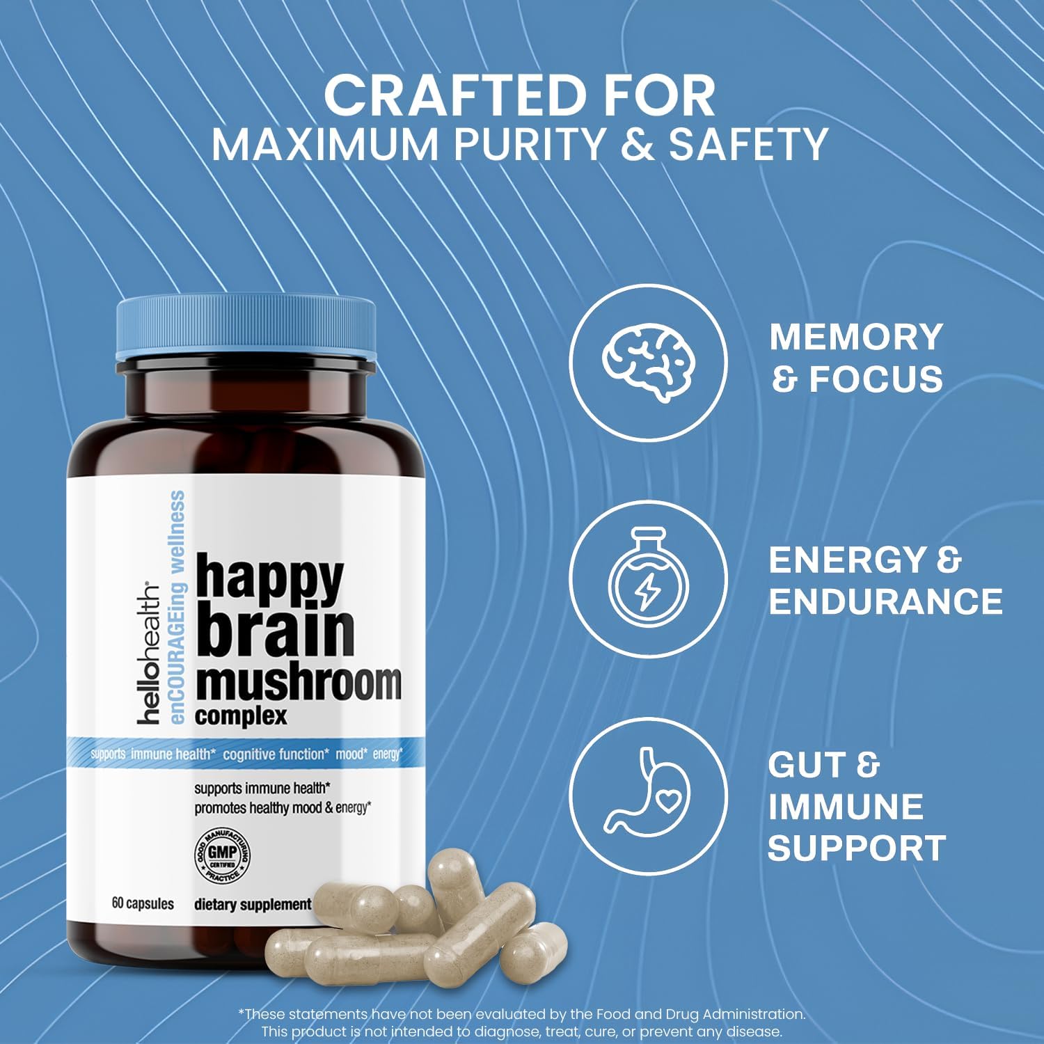 Happy Brain Mushroom Complex Nootropics Brain Support Supplement | 10 Mushroom Supplement: Lions Mane, Turkey Tail, Red Reishi, Shiitake Mushrooms for Mental Clarity, Energy & Immune Support 60 ct