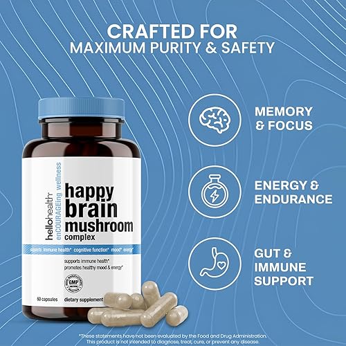 Miniatura 5 de Happy Brain Mushroom Complex Nootropics Suplemento de apoyo cerebral | Suplemento de 10 hongos: melena de león, cola de pavo, reishi rojo, hongos