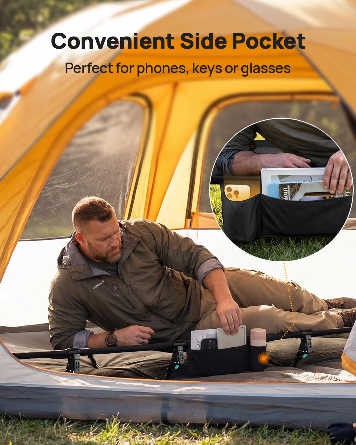 Sportneer Lit de camping compact ultraléger, lit de camping extra large de 80 cm, lit de camping pliable avec poche latérale, lit de tente portable avec sac de transport pour voyage, camping