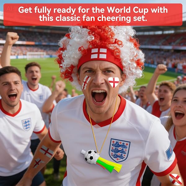 2026 Soccer Fan Gear Set – England Flag Clown Wig, Temporary Tattoos & Loud Horn – Cheer Accessories for International Football Matches, Stadium Parties & Global Tournament Celebrations - 2