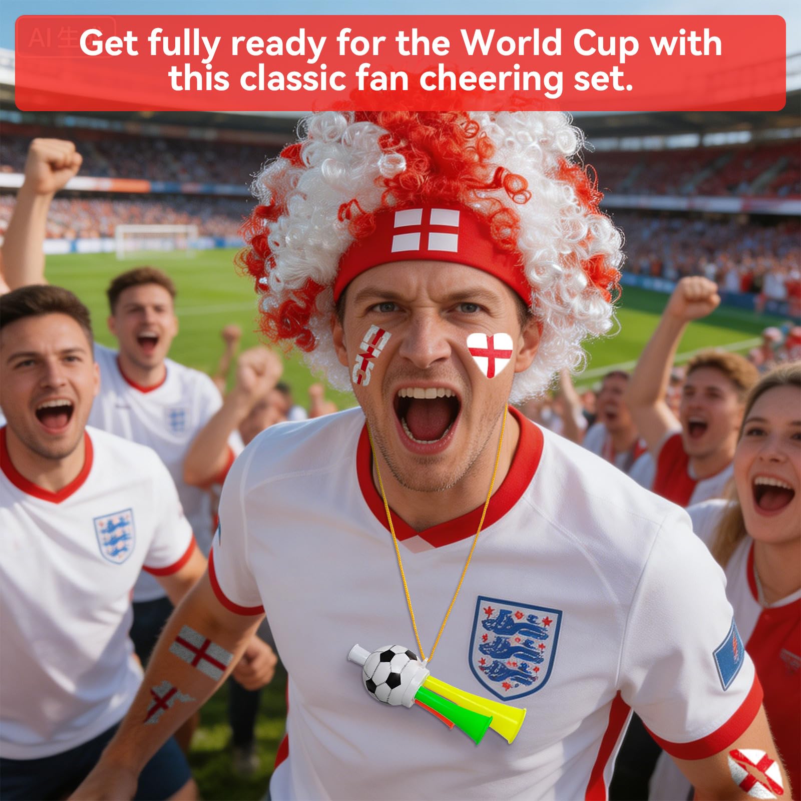 2026 Soccer Fan Gear Set – England Flag Clown Wig, Temporary Tattoos & Loud Horn – Cheer Accessories for International Football Matches, Stadium Parties & Global Tournament Celebrations — view 2