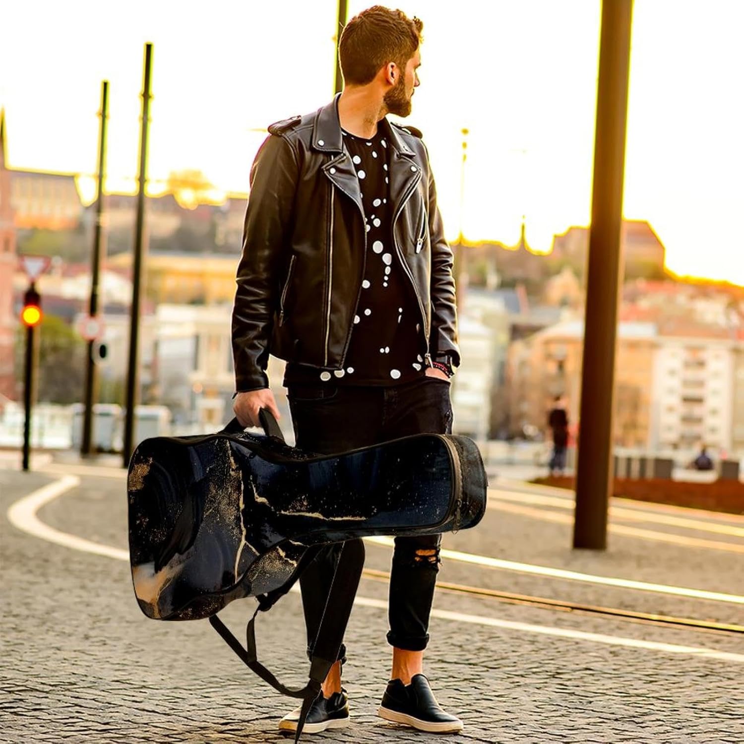 Marble Texture Guitar Bag 40 41 42 In 2 Pockets Guitar Case Waterproof Guitar Case Resistent Oxford Cloth 0.4 In Extra Thick Sponge Padded for Acoustic Guitar