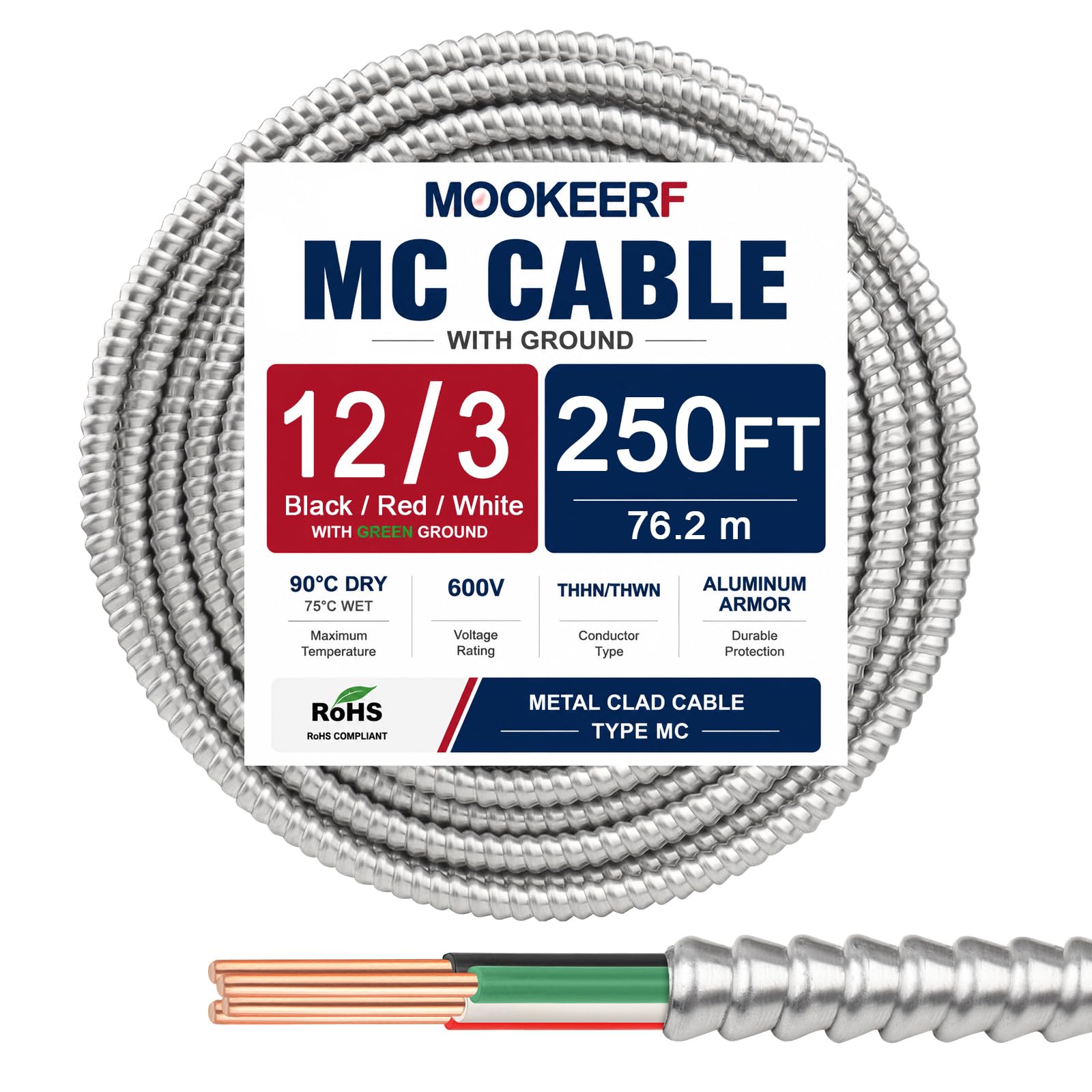 12/3 MC Cable with Ground - 250FT Pure Copper 12AWG/3 Metal Clad Wire with Aluminum Armor 12 Gauge 3 Conductor Type MC Alum Cable