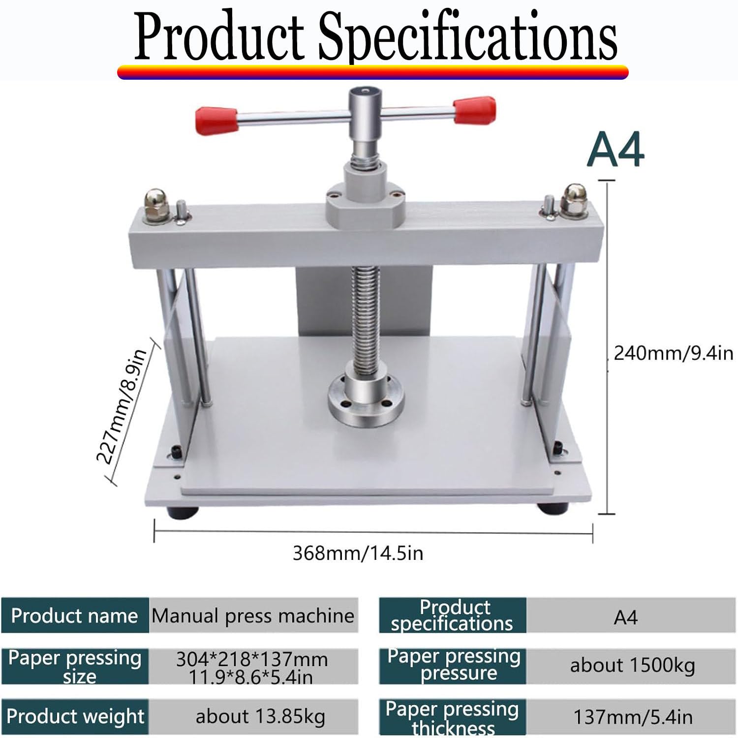 Presse manuelle pour reliure de livres, pression de 1499,6 kg, pour aplatir les photos, les bons d'achat, les chèques, les livrets A3
