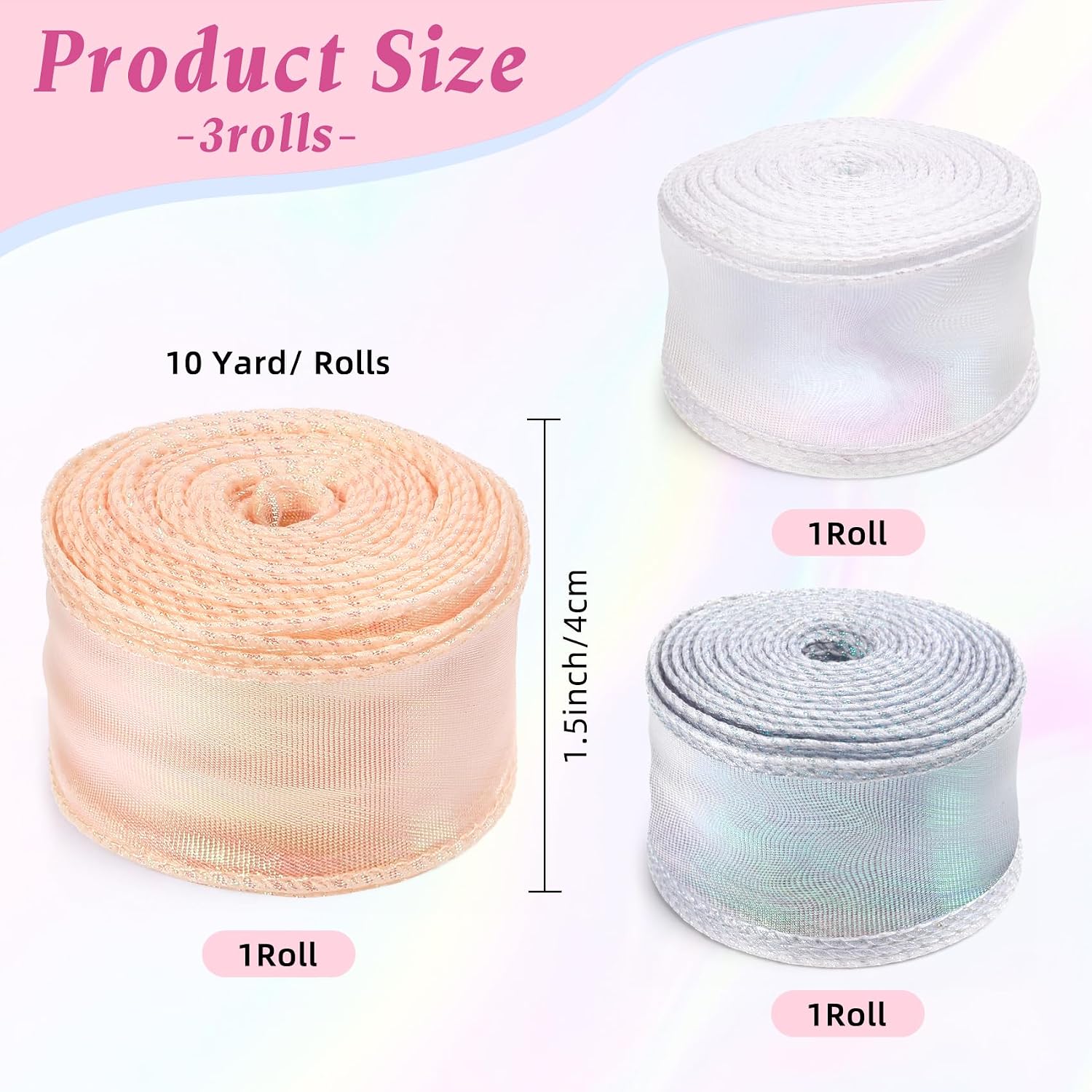 Iridescent Organza Ribbon 3 Rolls 30 Yards White Pink Silver Shiny Chiffon Ribbon 1.5 Inch Fishtail Tulle Ribbons Sheer Ribbons for Gift Wrapping DIY Crafts Hair Bows Party Decor Bridal Bouquet image 2