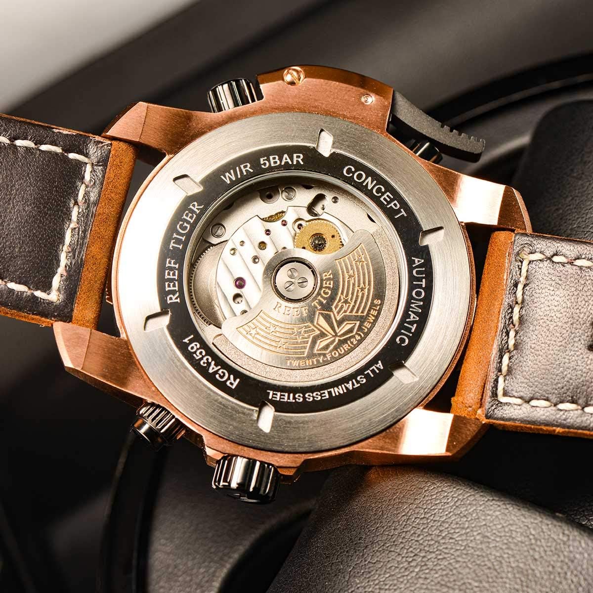 REEF TIGER Mens Sport Mechanical Watches with Steel Black Dial Automatic Watch Calfskin Leather Strap RGA3591 RGA3591-YBC