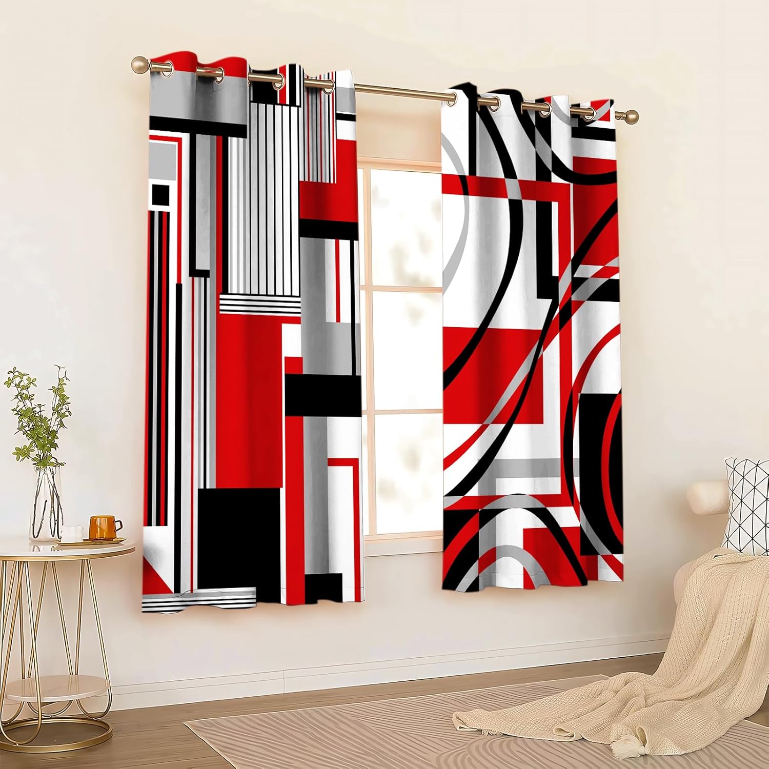 Geometric Lines Curtains for Bedroom 42x63inch Red Black Modern Art Blackout Curtain Gray Plaid Inspired Design Drape for Living Room Decor 2Panels HI04CL
