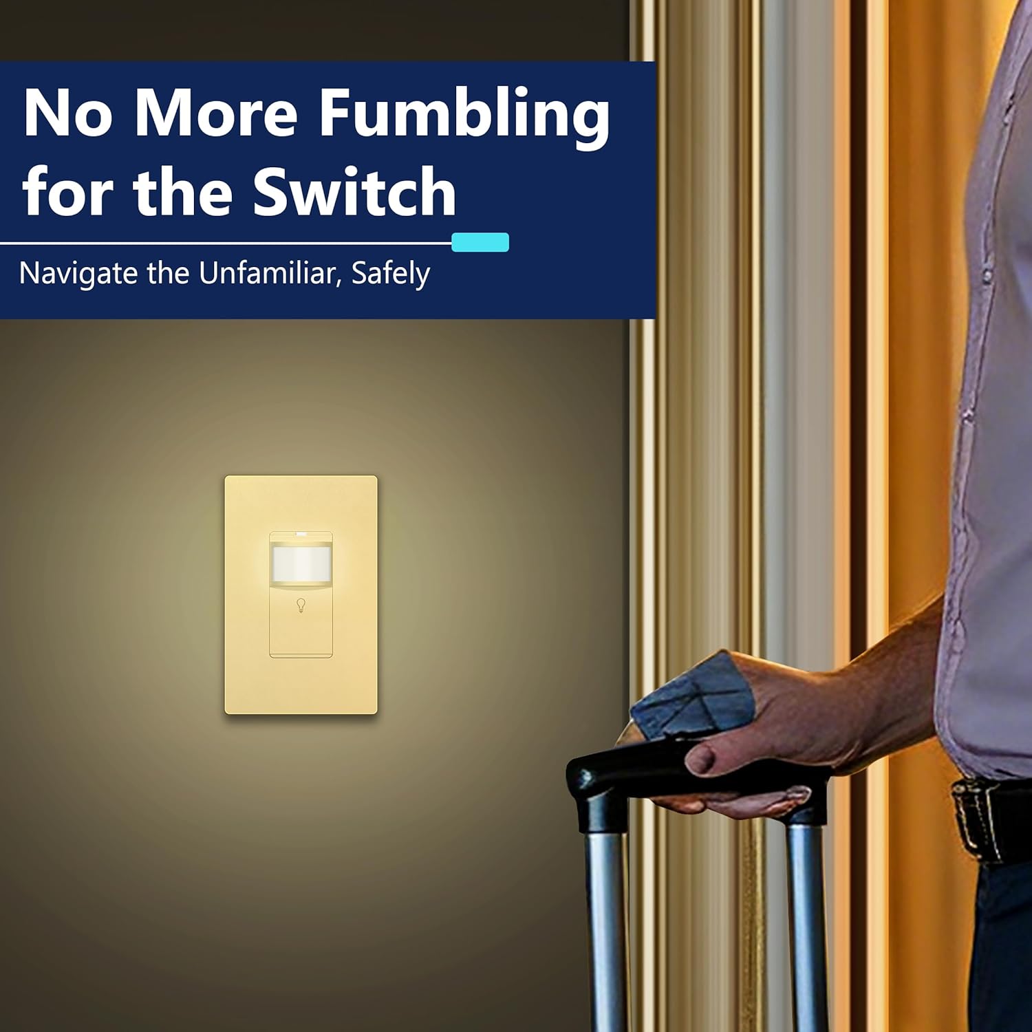 LIDER PIR Motion Sensor Switch with LED Guide Light, 1200 Sq. Ft. Coverage, No Neutral, Ground Required, Adjustable Time Delay, UL Listed, Screwless Wall Plate Included, Gold