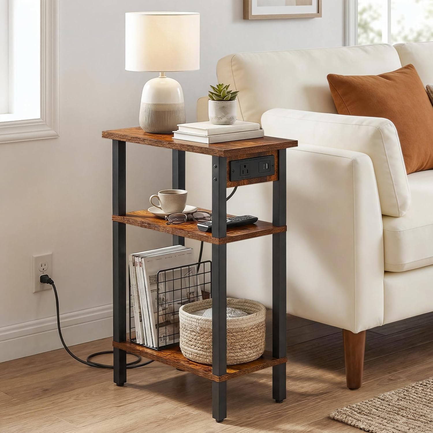 HOOBRO Narrow Side Table, Set of 2, 3-Tier Slim End Table with Charging Station, Skinny Nightstand with Open Storage, for Small Spaces, Living Room, Bedroom, Study, Rustic Brown and Black BF340UBZP201