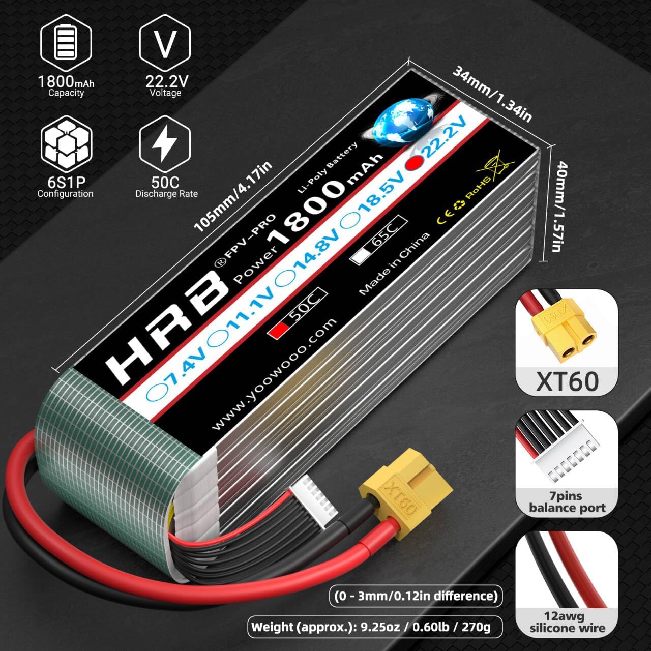 HRB 2PCS 1800mAh 6S 22.2V 50C Lipo Battery with XT60 Plug Compatible with RC Helicopter Airplane Car Boat Truck
