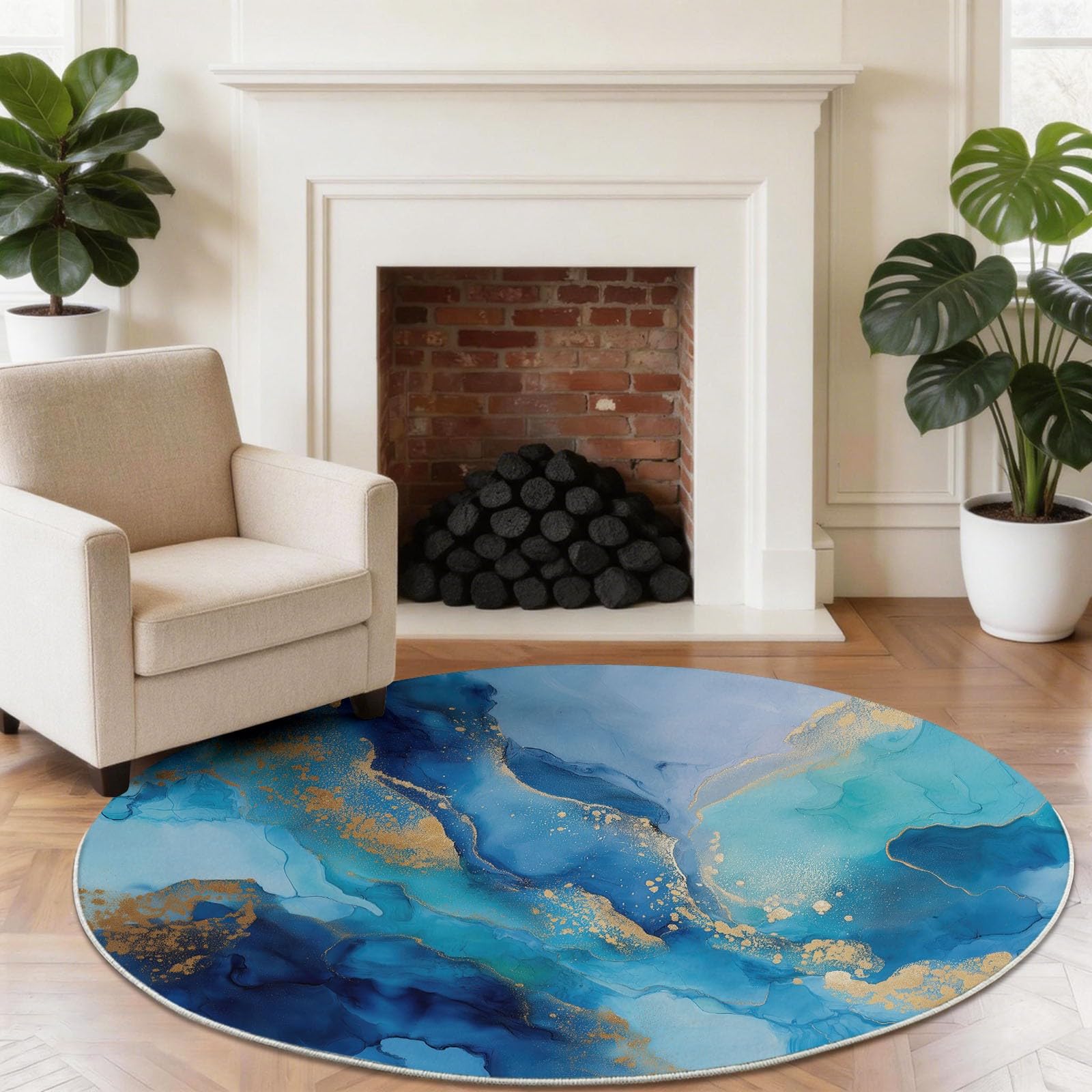 Générique Tapis Rond 160 cm Bleu, Rêveur Luxe Abstrait Océan Marbre Tapis de Salon Lavable et Antidérapant, Tapis Doux pour Chambre d'Ados, Filles et Garçons, Poil Ras, Facile à Nettoyer