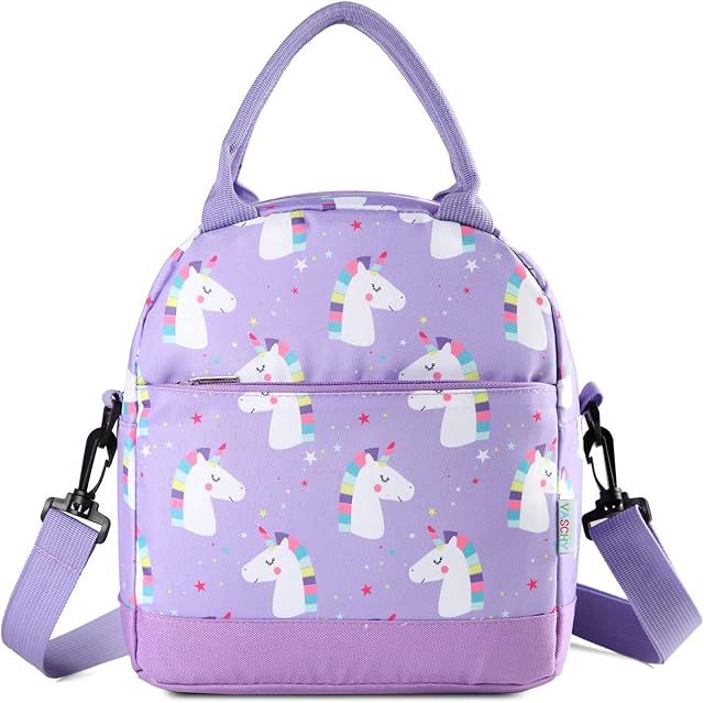VASCHY Lunch Bag for Kids, Insulated Thermal Lunch Box Bag for Girls Water Resistant Portable Toddler Lunch Cooler Bag with Detachable Shoulder Strap for School, Kindergarten, Picnick(Purple Unicorn)