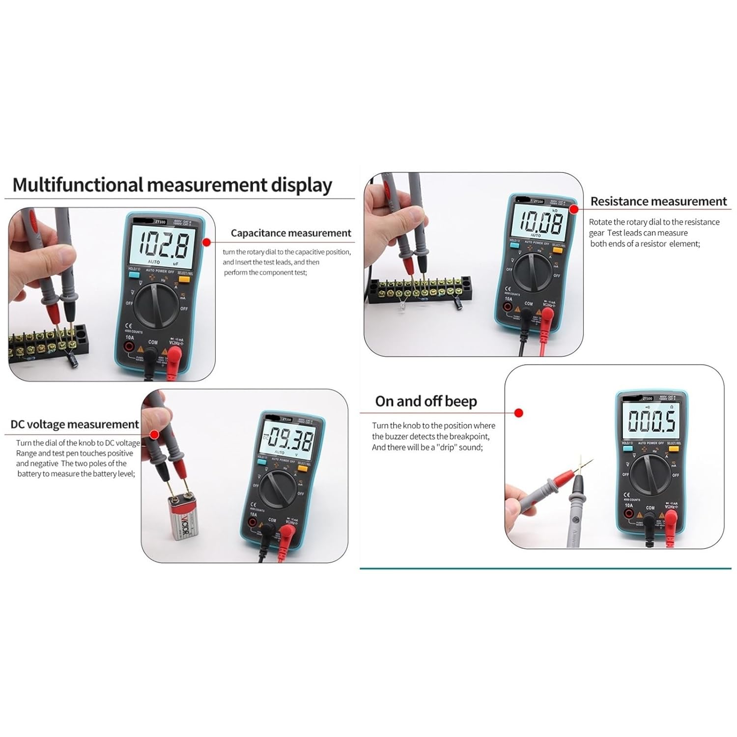 ZT100 4000 Counts Digital Multimeter Esr Meter Testers Automotive Electrical Transistor Peak Tester Capacitance Meter