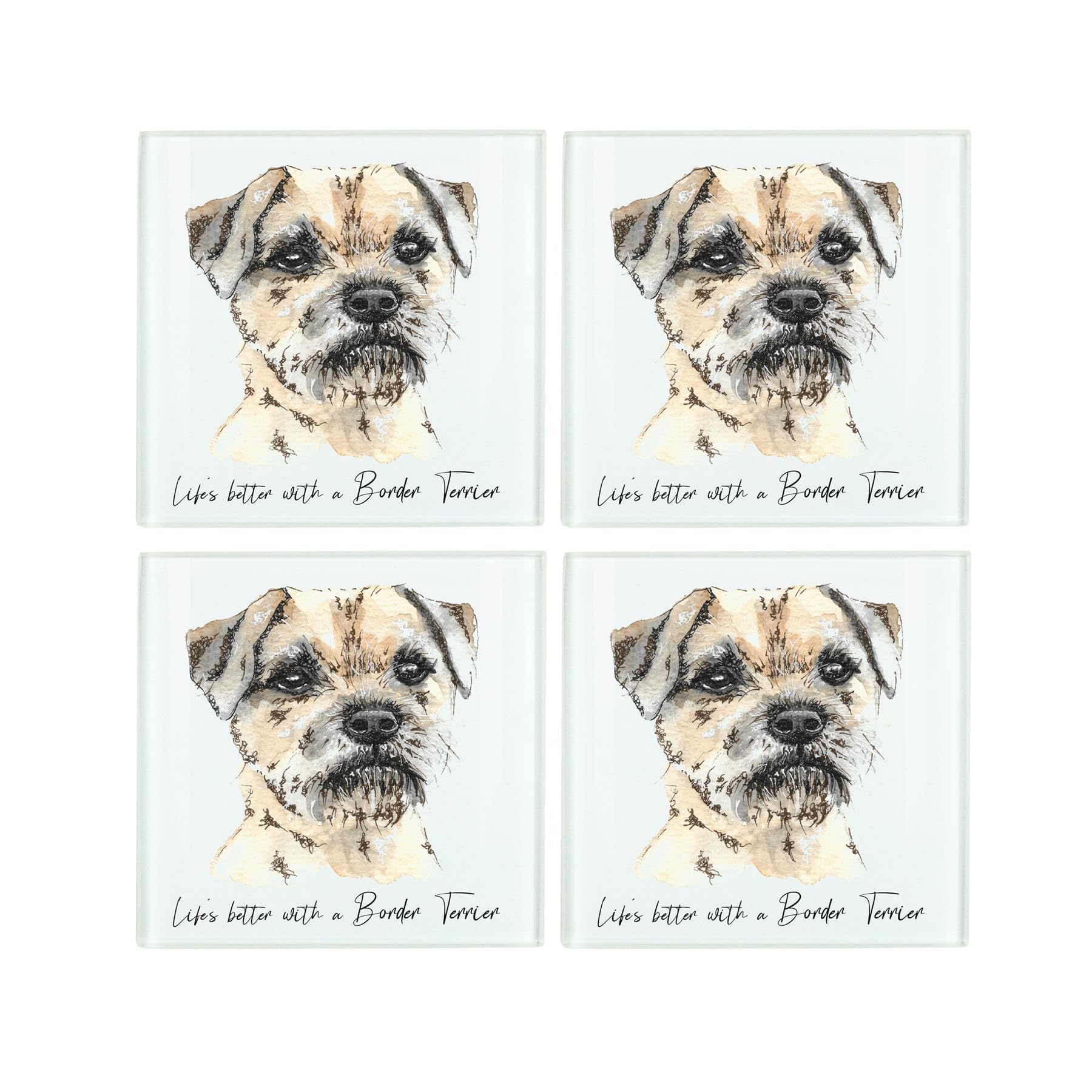 Border Terrier Coaster Set - Life's Better With a Dog Gift - Square Glass Set of Four (4) Coasters