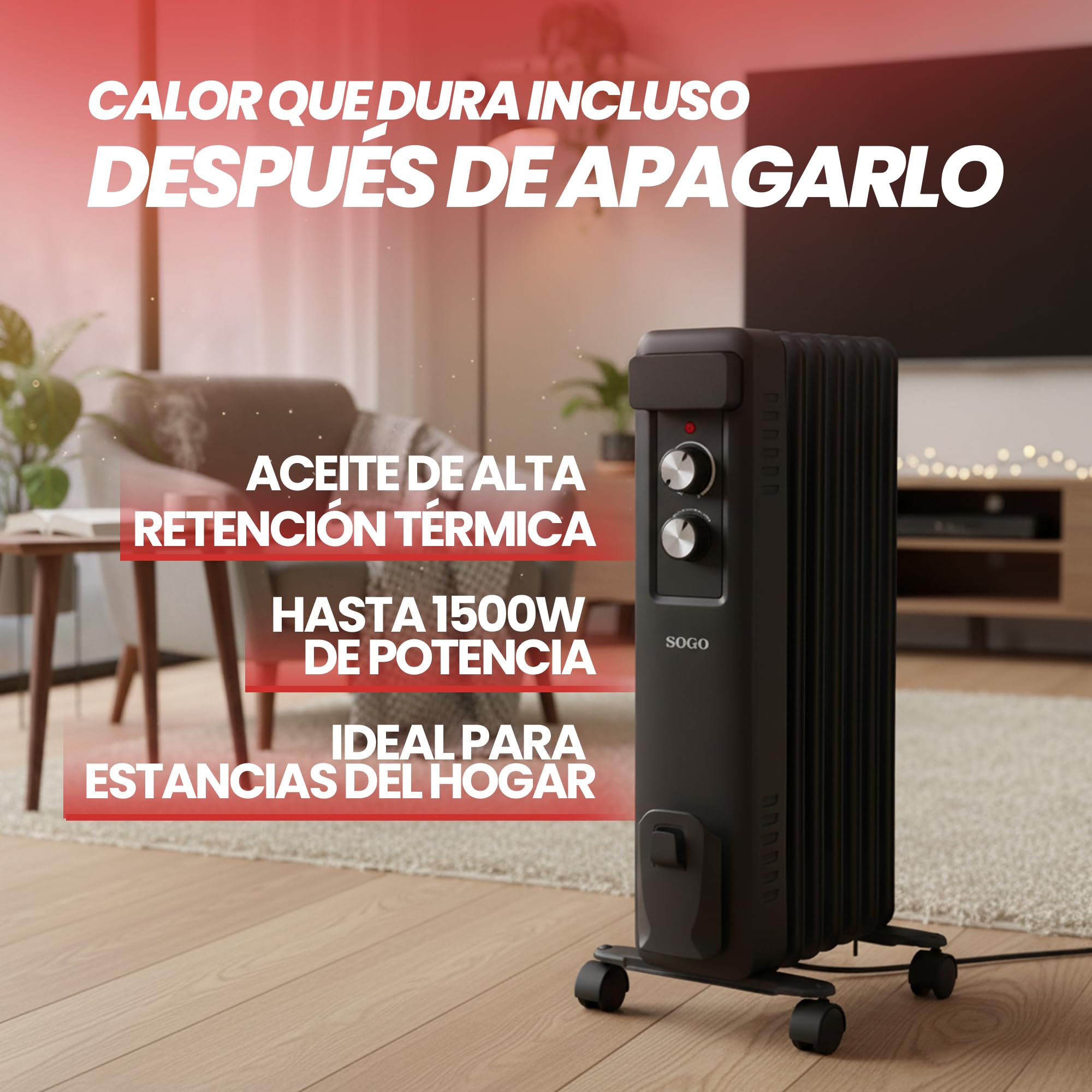 Sogo RADIADOR para hogar Estufa de Aceite de alta eficacia 7 ELEMENTOS – 1500W Negro, con ruedas (SS-18455)