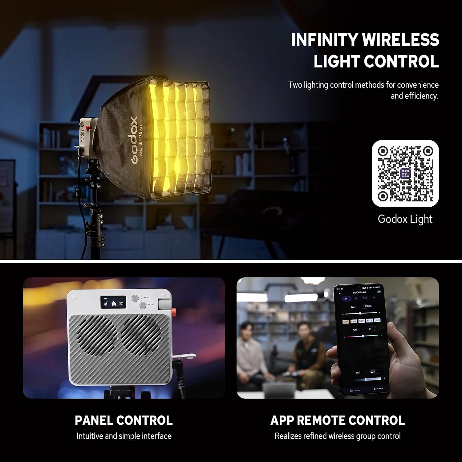 Godox ML100R RGB Video Light, 100w 1800-10000k Continuous LED Light, CRI 95+ TLCI 95+, CCT/HSI/RGB/14 FX Effects, APP Control, Support DC Power/V Mount Battery/USB-C Supply