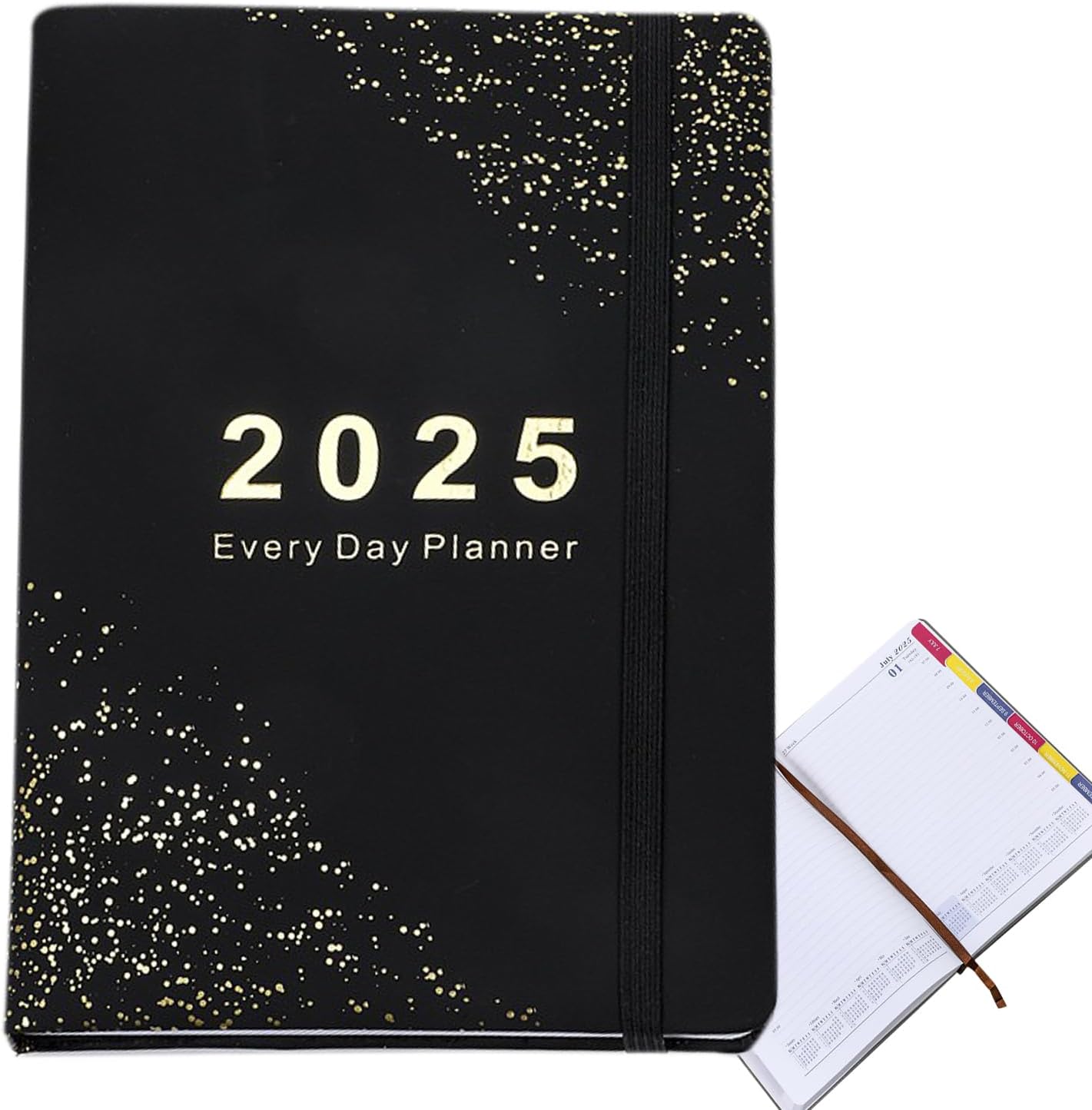 QUEENADA 2025 A5 Daily Journal Notebook - Calendar Diary Book for 365 Days Plan Appointment Book Schedule Business Agenda Scrapbook, PU Leather Hardcover Journal(Black)