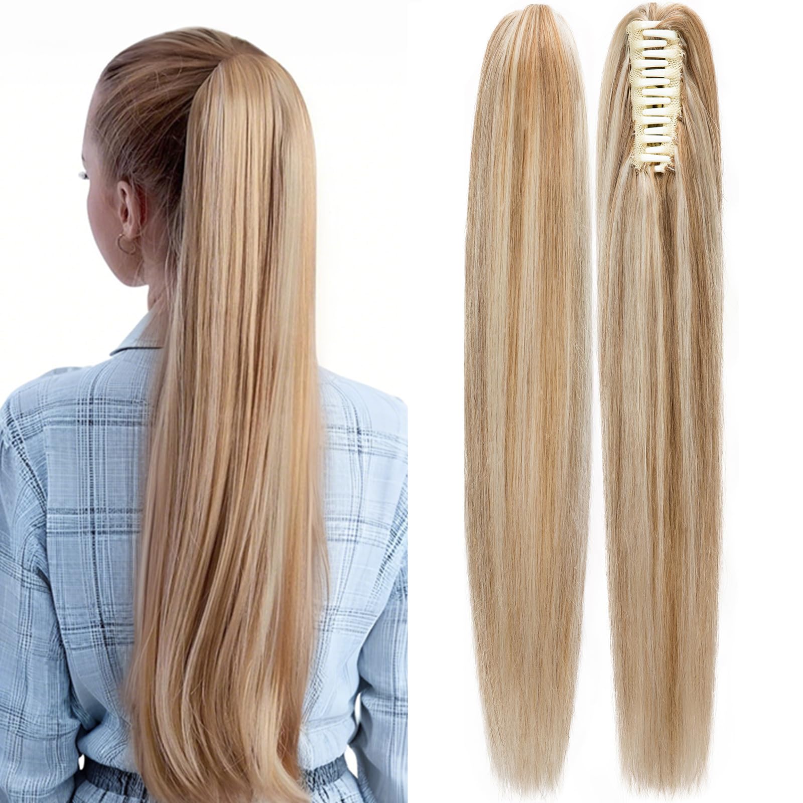 Rich Choices Claw Clip Ponytail Extension Human Hair Real Hair Ponytail Balayage Golden Brown Highlighted Bleach Blonde 16 Inch 105g One Piece Clip In