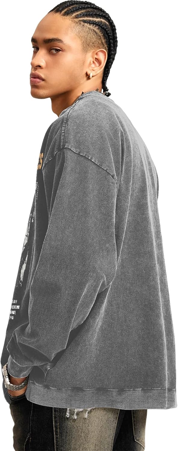 Mens Oversized Crewneck Sweatshirt Vintage Los Angeles Graphic Washed Sweatshirts with Pockets Streetwear Pullover