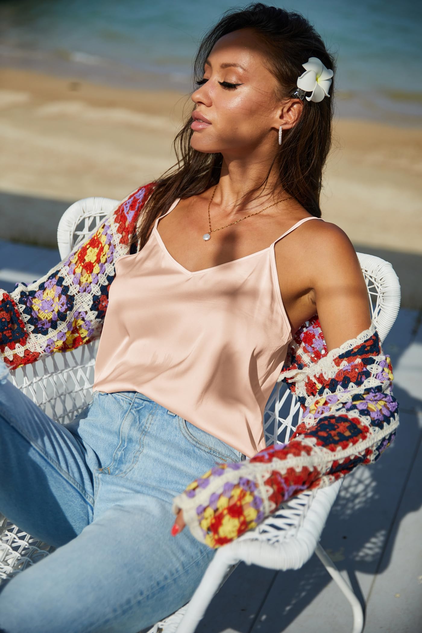 Ekouaer Womens Satin Tank Tops 2 Pack Silky Camisole V Neck Spaghetti Strap Blouses Sleeveless Cami Shirt