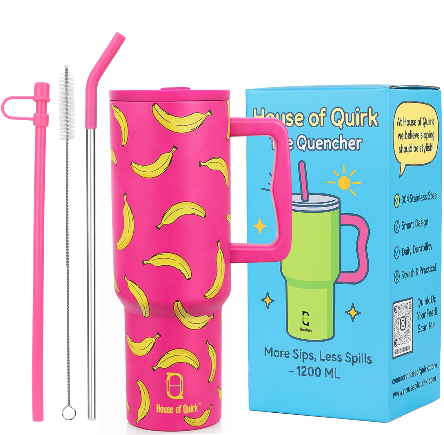 House of Quirk 1200ML Stainless Steel Tumbler with Handle & Lid, 2 Straws – Large Travel Mug Water Cup for Gym, Office & Outdoor Use (Banana Pink)