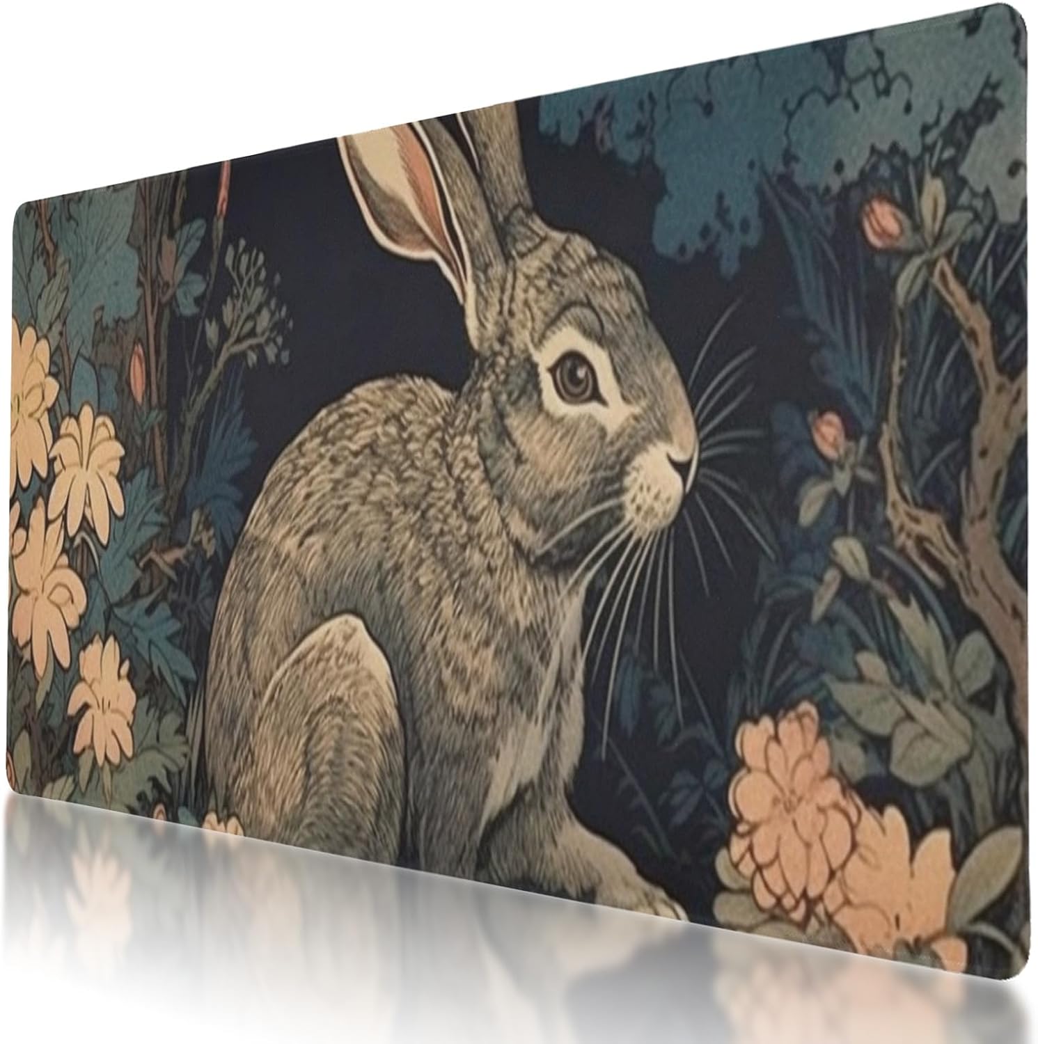 Large Size Elegant and Mysterious Bunny Print Gaming Mouse Pad 35.5 x 16 Inch, Stitched Edges, Anti-Slip Base, Waterproof Surface