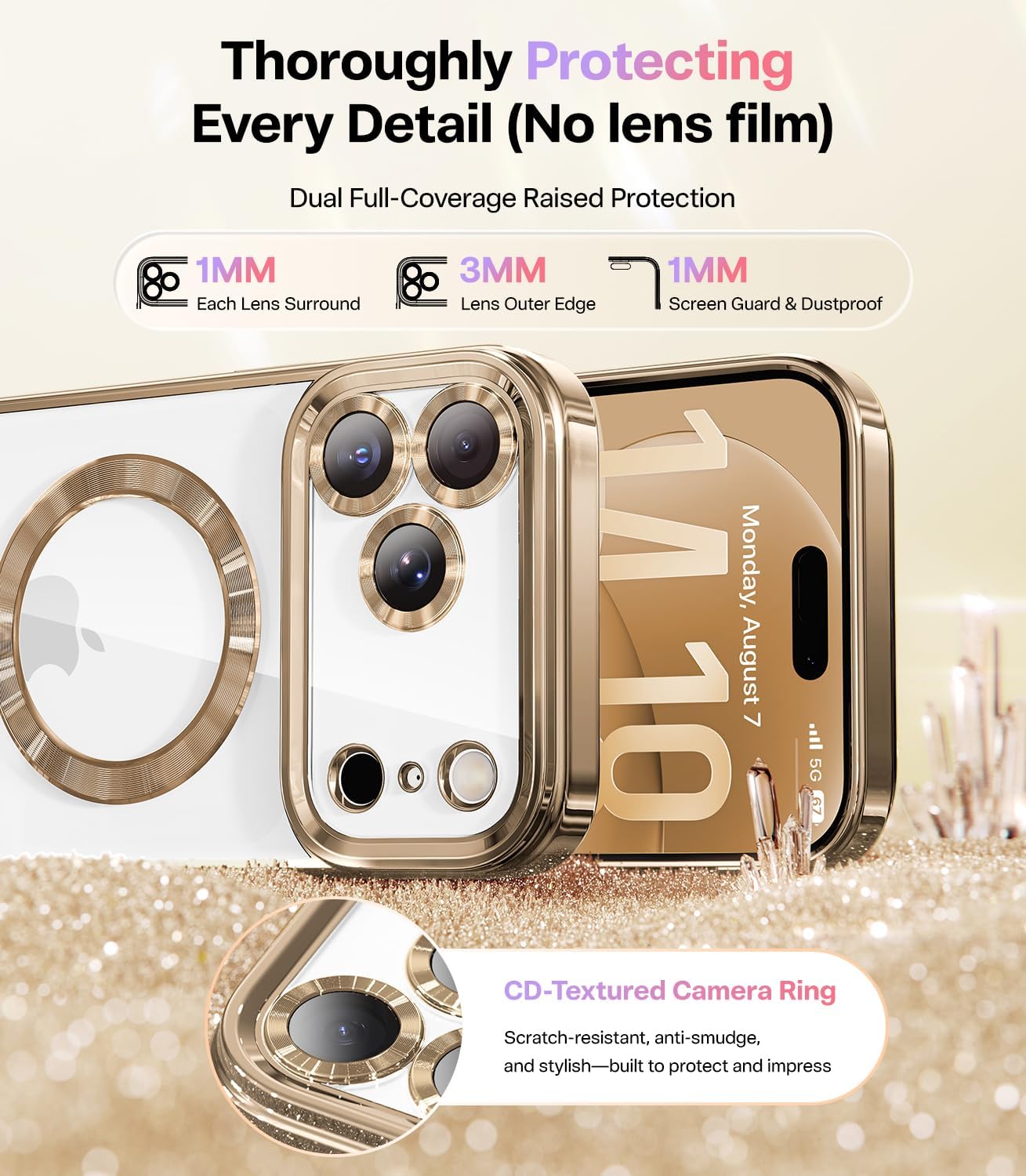 Meifigno Designed for iPhone 17 Pro Case 6.3", [Glitter Card & Wrist Strap][Compatible with MagSafe][1HD +1X Privacy Screen Protectors] Surround Raised Lens Protection for 17 Pro Case, Desert Titanium - Image 5