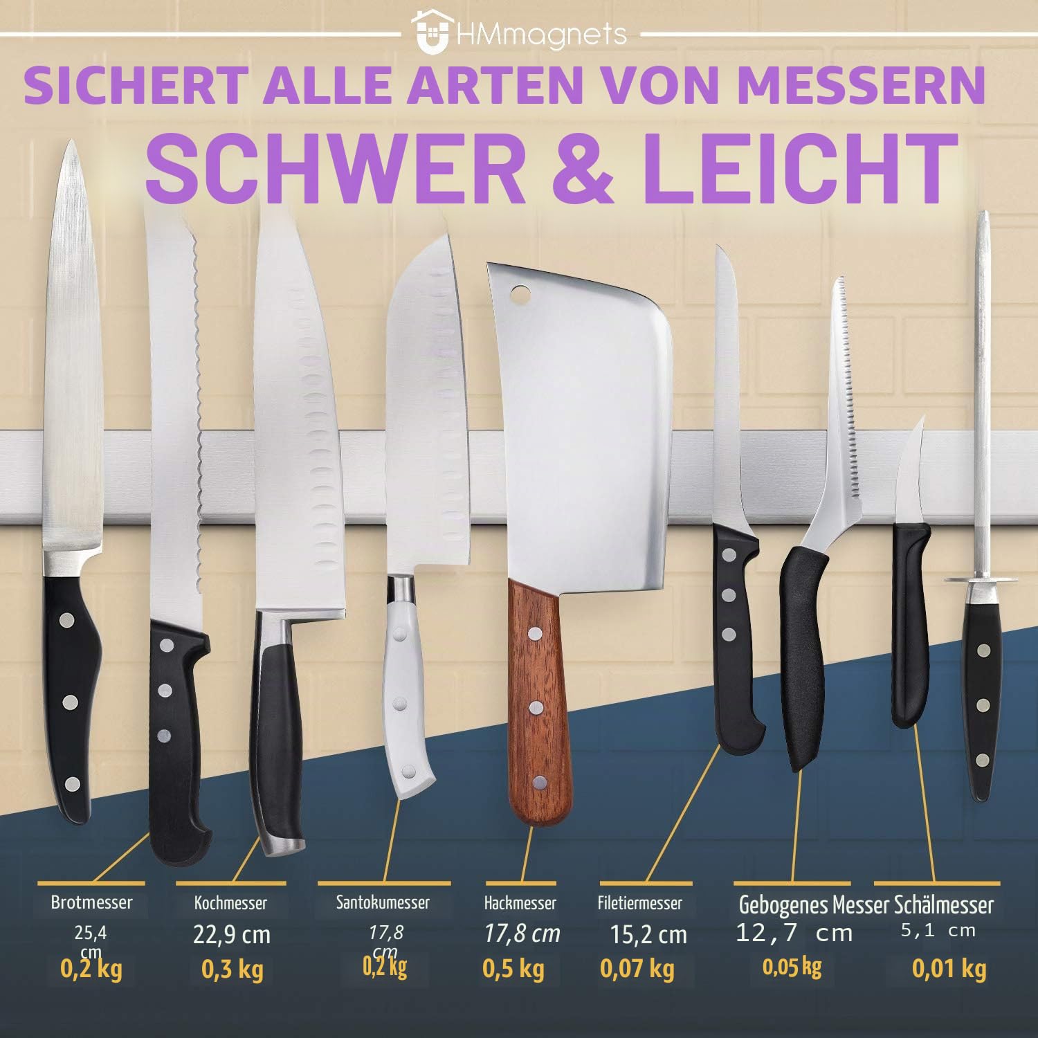 Premium 61cm Magnetleiste Messer für Wand (Große Größe) - Extra Starker Messerhalter Magnetisch - Platzsparende Messerleiste Magnetisch Mit Starker Zugkraft (Aktualisierte Version)