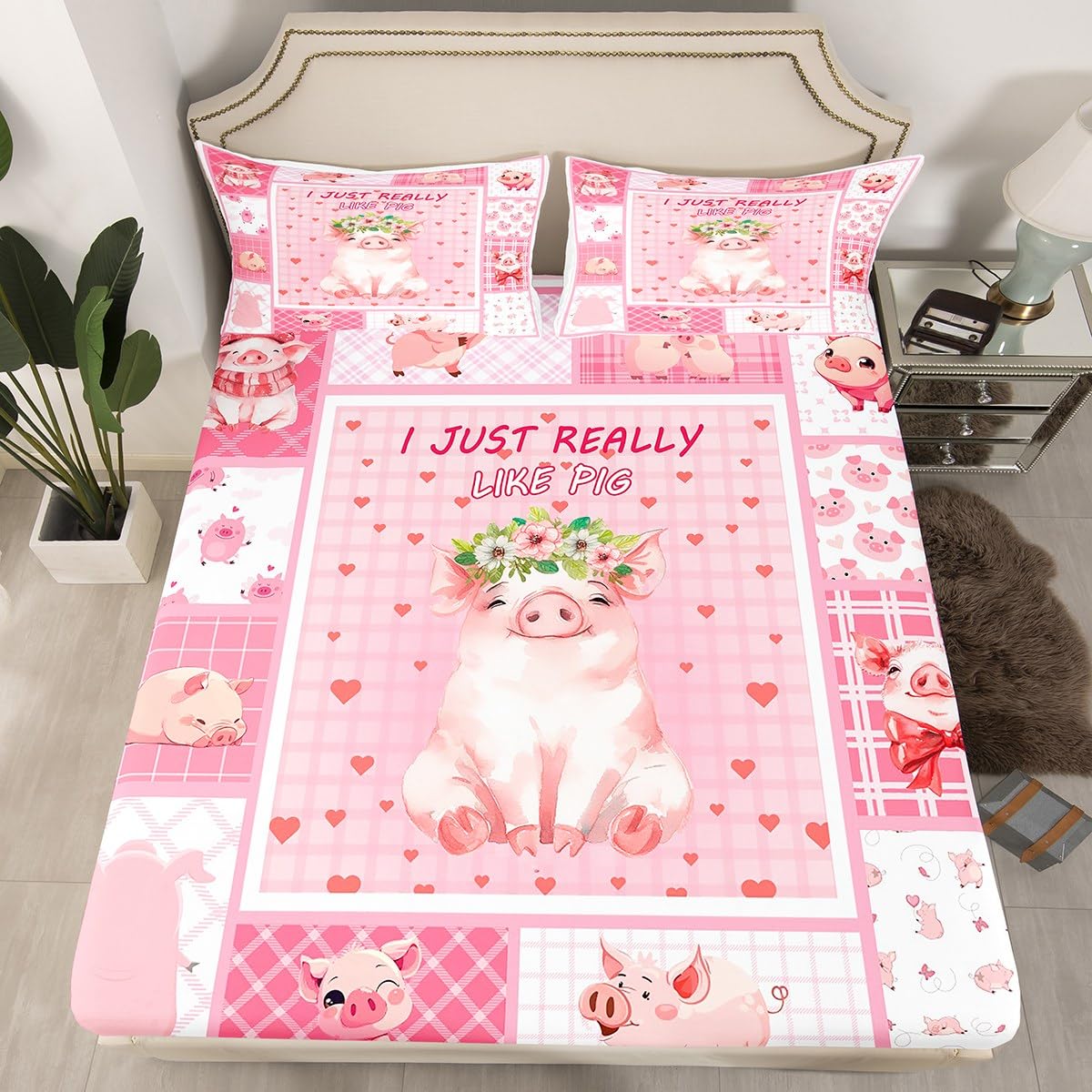 Manfei Cute Pig Kids Fitted Sheet Single Size, Cartoon Animal Theme Bed Cover