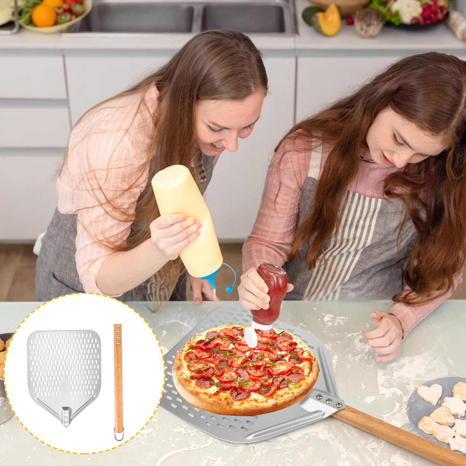 Łopatka do pizzy perforowana, okrągła, aluminiowa 12 cali, z wyjmowanym uchwytem, do grillowania, do gotowania, pizzy z drewnianym uchwytem
