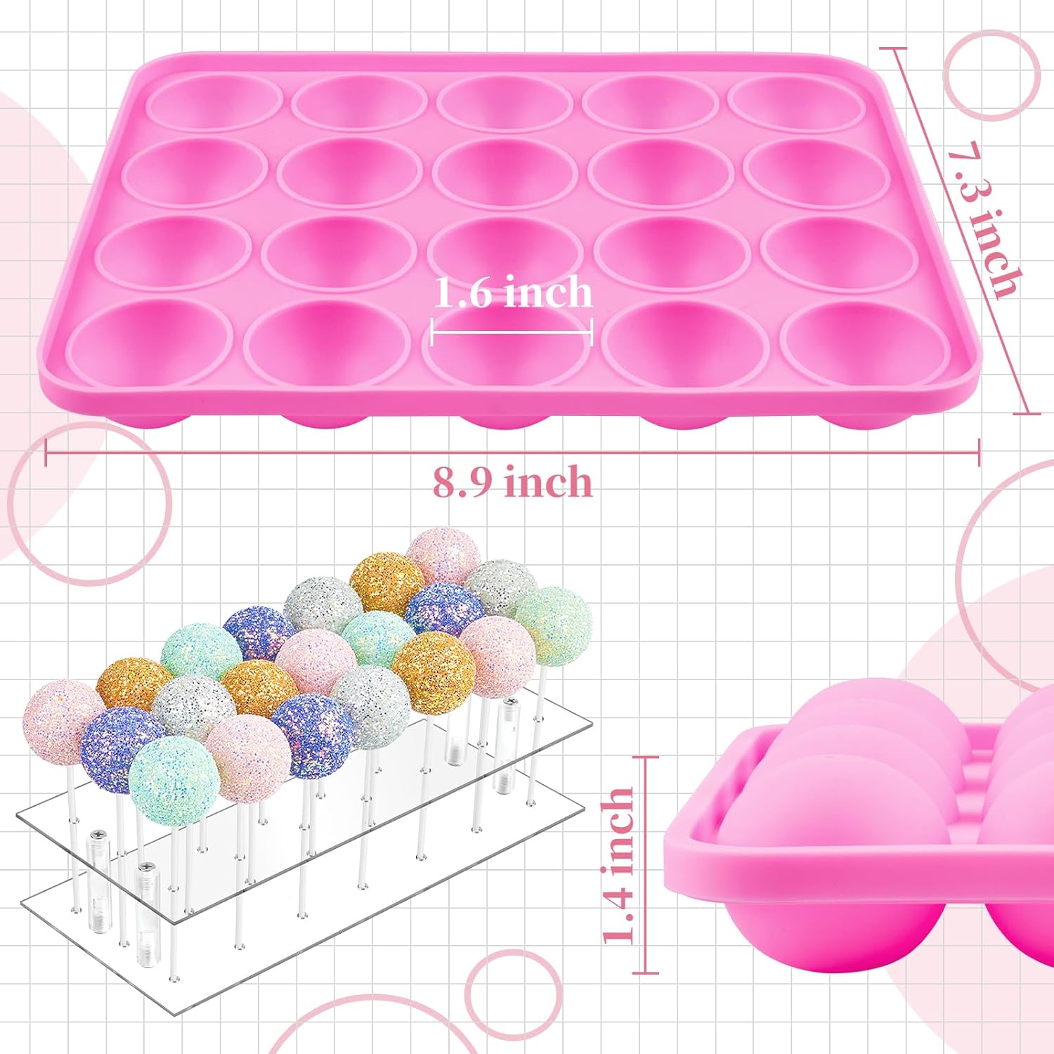 Kucoele Cake Pop Mold Set, Including 21 Hole Clear Acrylic Lollipop Display Stand Holder, 20 Cavity Pink Silicone Cake Pop Mold, Cake Pop Sticks Treats Bags and Twist Ties