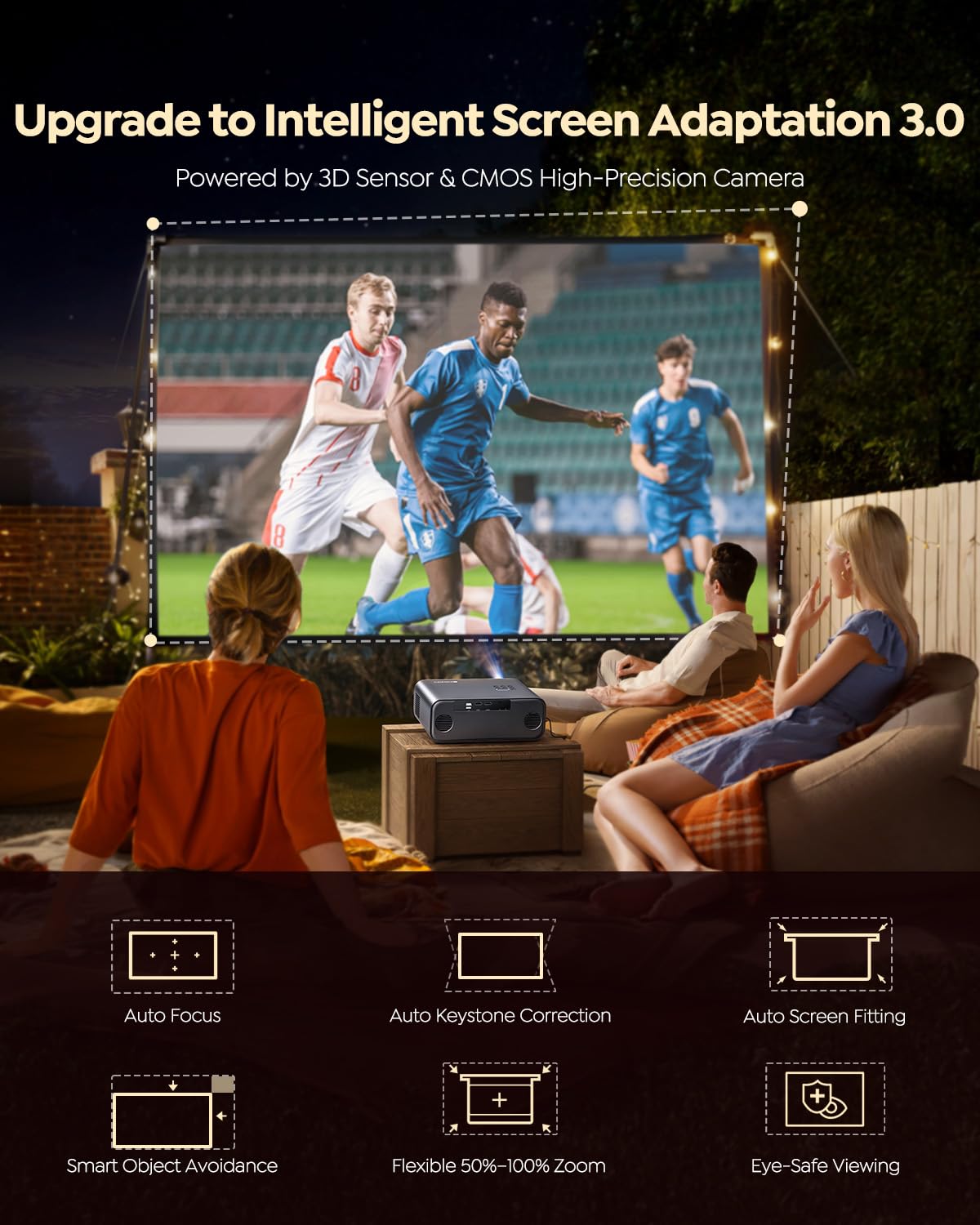 [Built-in Apps/4K Support] Smart Outdoor Projector with WiFi and Bluetooth, Movie Projector, DoIby Audio with Dual Speaker, Auto Focus w/ YouTube&PrimeVideo Proyector, Upgrad P62 Pro - 5