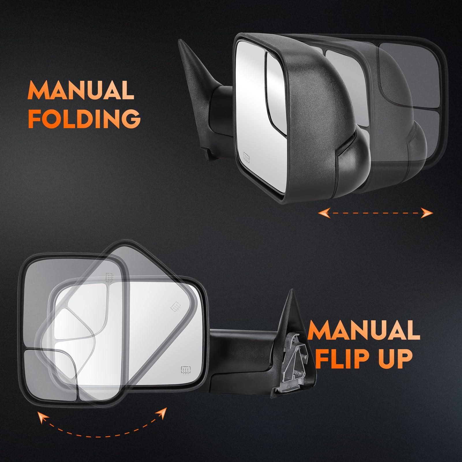 Trail Ridge Towing Mirror Pair For 2002-09 Dodge Ram - Manual Fold, Power Heated, Textured Black