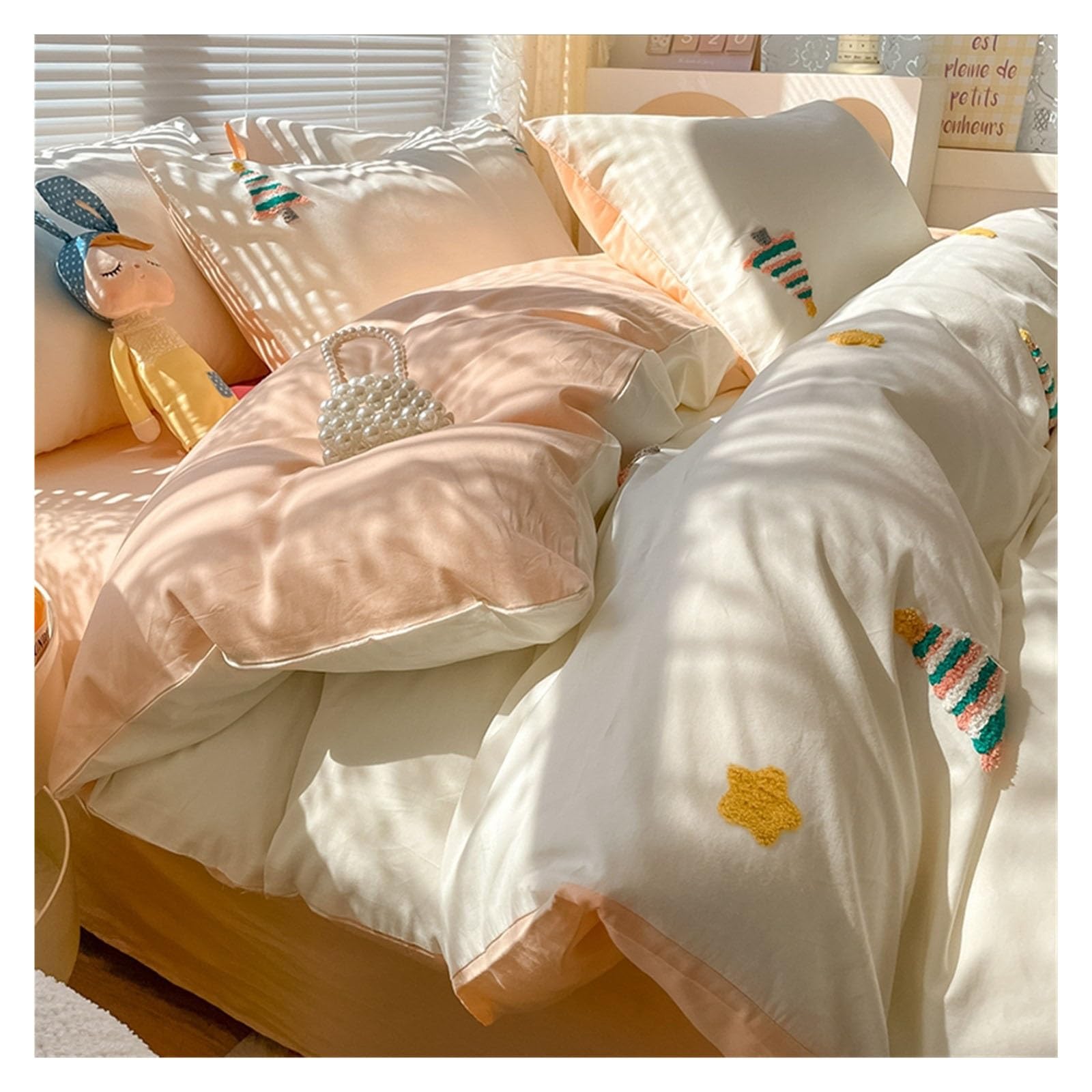 Housse de couette Noël 100% coton : parure de lit 4 pièces avec motifs sapins et taies d'oreiller