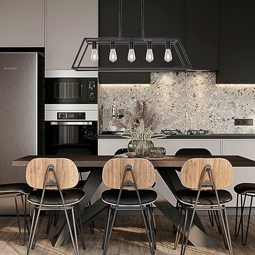 Miniatura 7 de XILICON Iluminación de isla de cocina, 5 luces, lámpara de araña de comedor, isla de granja, color negro, moderna, colgante industrial, pantalla de