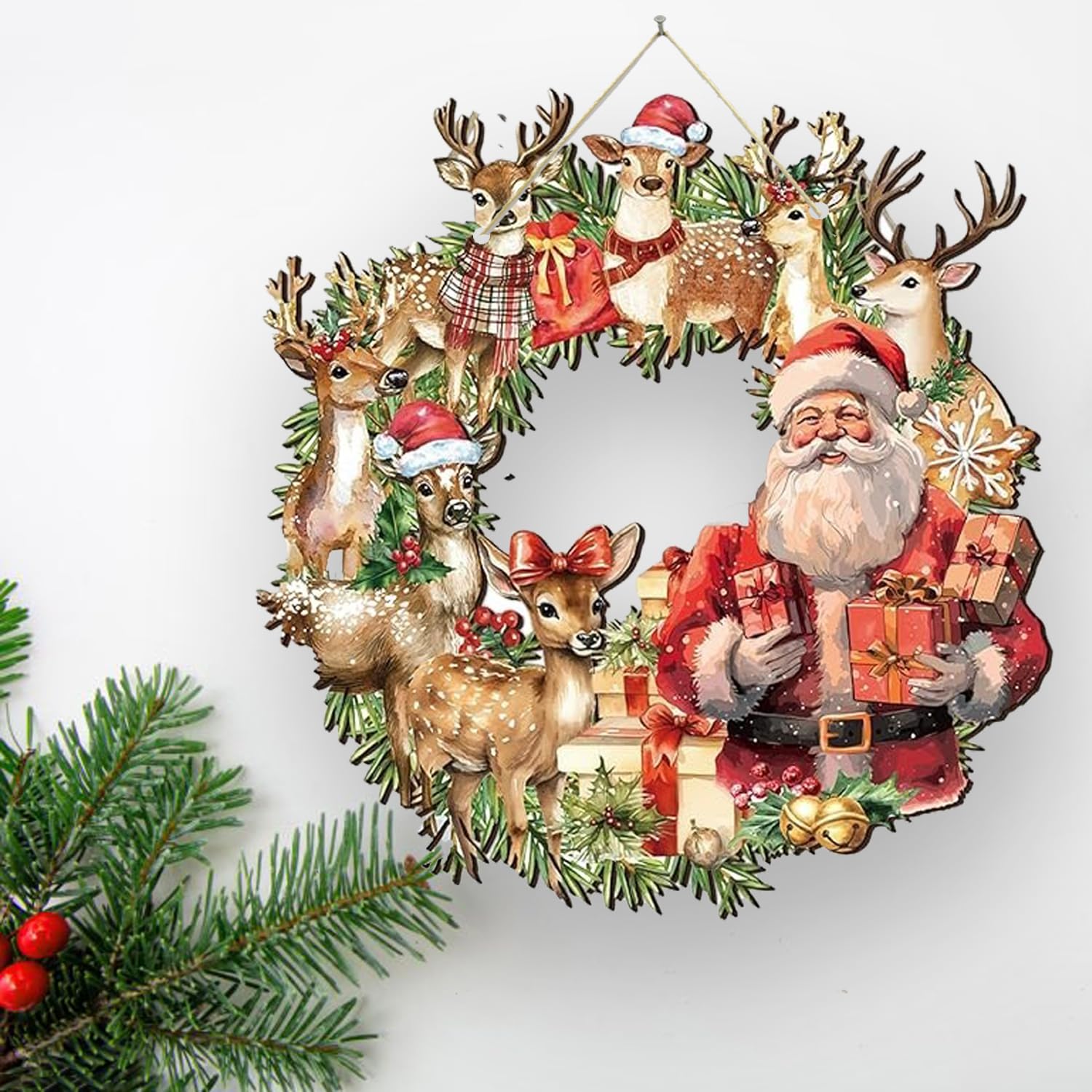 Christmas Wooden Round Wall Hanging with Santa and Reindeer | Rustic Wooden Christmas Door Wreath Sign for Home Wall Decor (Size : 8 Inch)-image-13