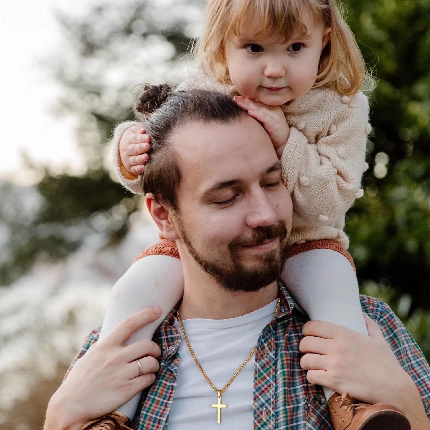 IEFLIFE Cross Necklaces Gifts for Men, Silver/Black/Gold Cross Necklace Box Chain Necklace for Men, Fathers Day Christmas Religious Baptism Christian Gift for Dad Son Boyfriend Husband Step Dad