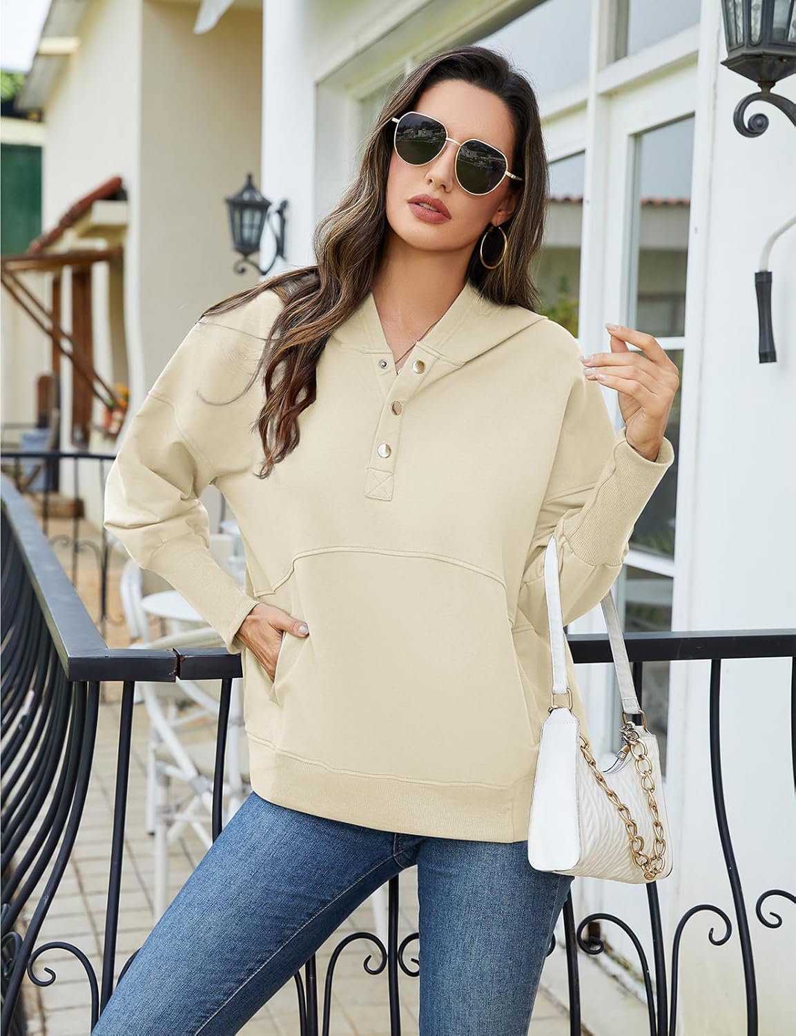 Women's Loose Button Up Pullover Oversized Hoodies Sweatshirt Casual V Neck Long Sleeve Hooded - Image 6