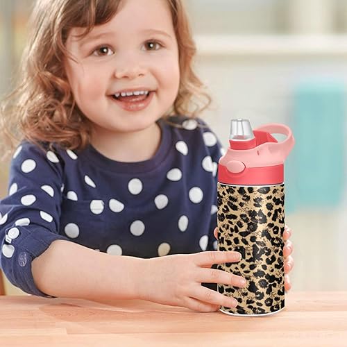 Miniatura 7 de MCHIVER Botella de agua para niños con popote con estampado de leopardo, botella de agua para niños con aislamiento térmico, para escuela, niñas y