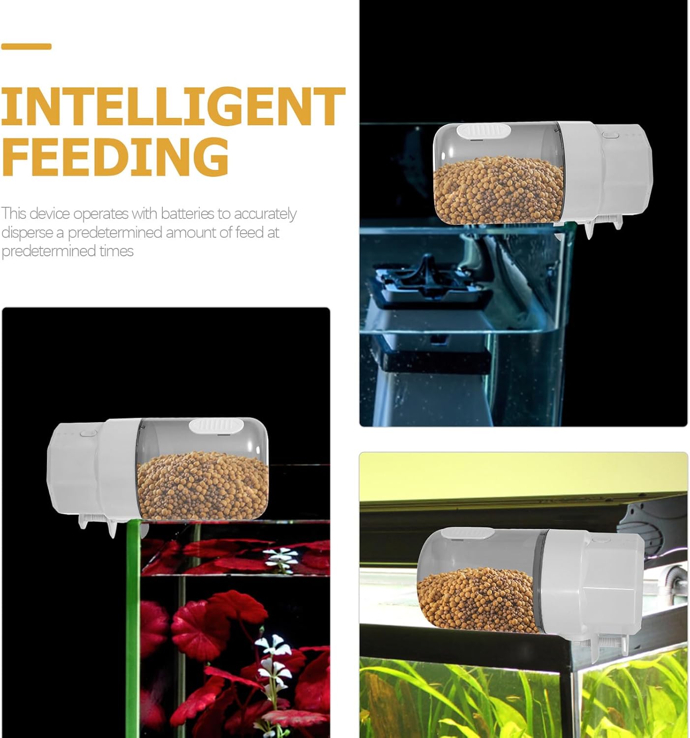 KOMBIUDA Automatic Fish Feeder and Turtle Feeding Machine with Intelligent Timer for Small Aquariums and Fish Tanks, 3-Level Adjustable Portion Control, Battery-Free Operation Suitable