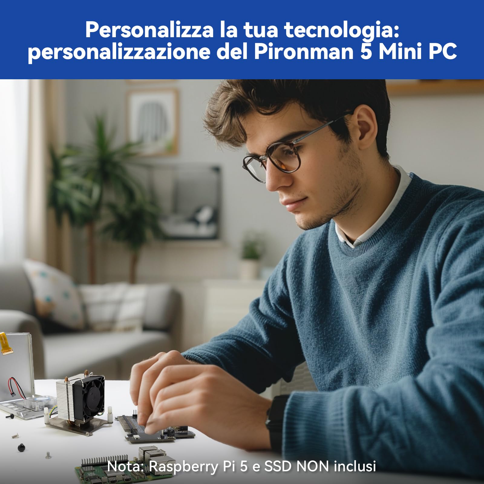 Pironman 5 case Mini PC NVMe M.2 SSD PCIe 2.0/3.0 per Raspberry Pi 5 Hailo-8L, agente AI OpenClaw, dissipatore tower + doppie ventole RGB, modulo OLED 0,96", spegnimento sicuro, HDMI, effetto RGB