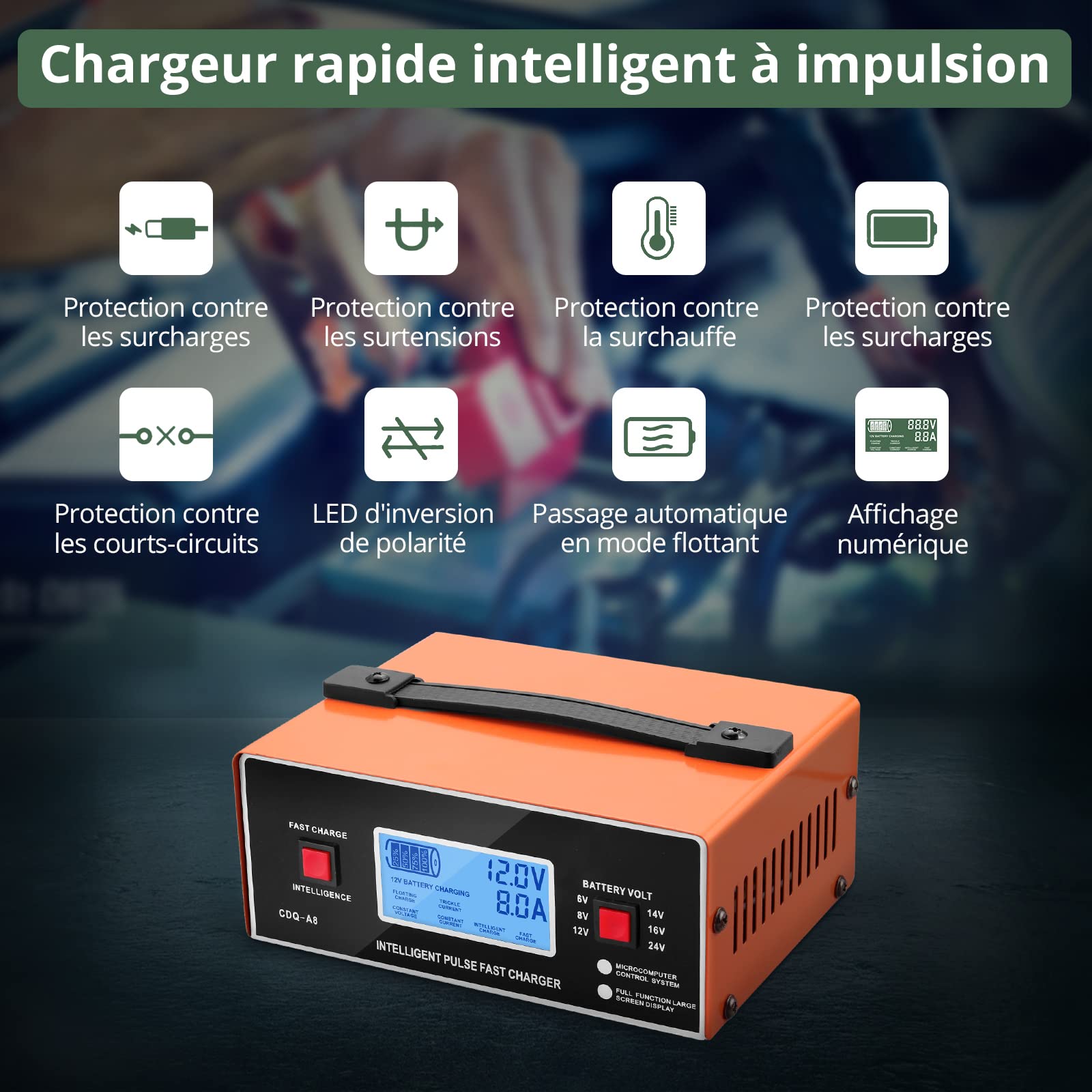 EYPINS Chargeur de batterie de voiture, 6 V/8 V/12 V/16 V/24 V, intelligent, universel, entièrement automatique, avec écran, chargeur d'entretien 0-10 A, pour batteries gel, AGM, STD/plomb-acide