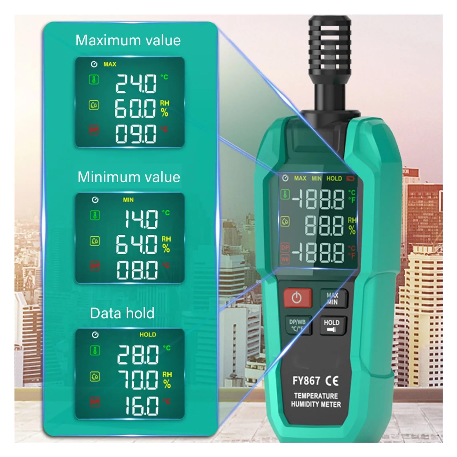 Misuratore di temperatura e umidità digitale, termoigrometro digitale, punto di rugiada ad alto aggiornamento rapido con torcia for seminterrato per interni ed esterni