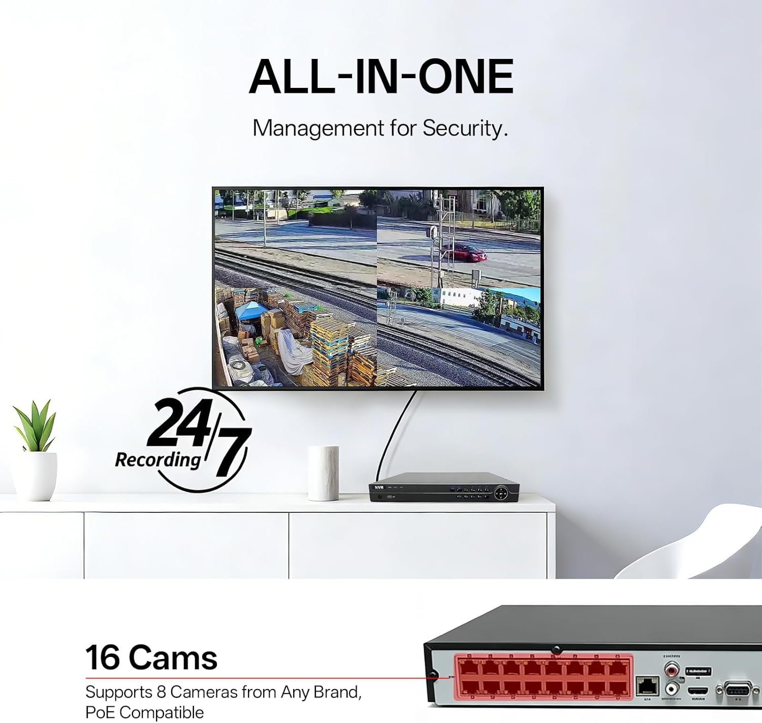 16-Channel PoE NVR Recorder with Built-in 16 PoE Ports, 4K HDMI Output, Supports 8MP IP Cameras, ONVIF Compatible, Wired Security System(Guarding Vision)